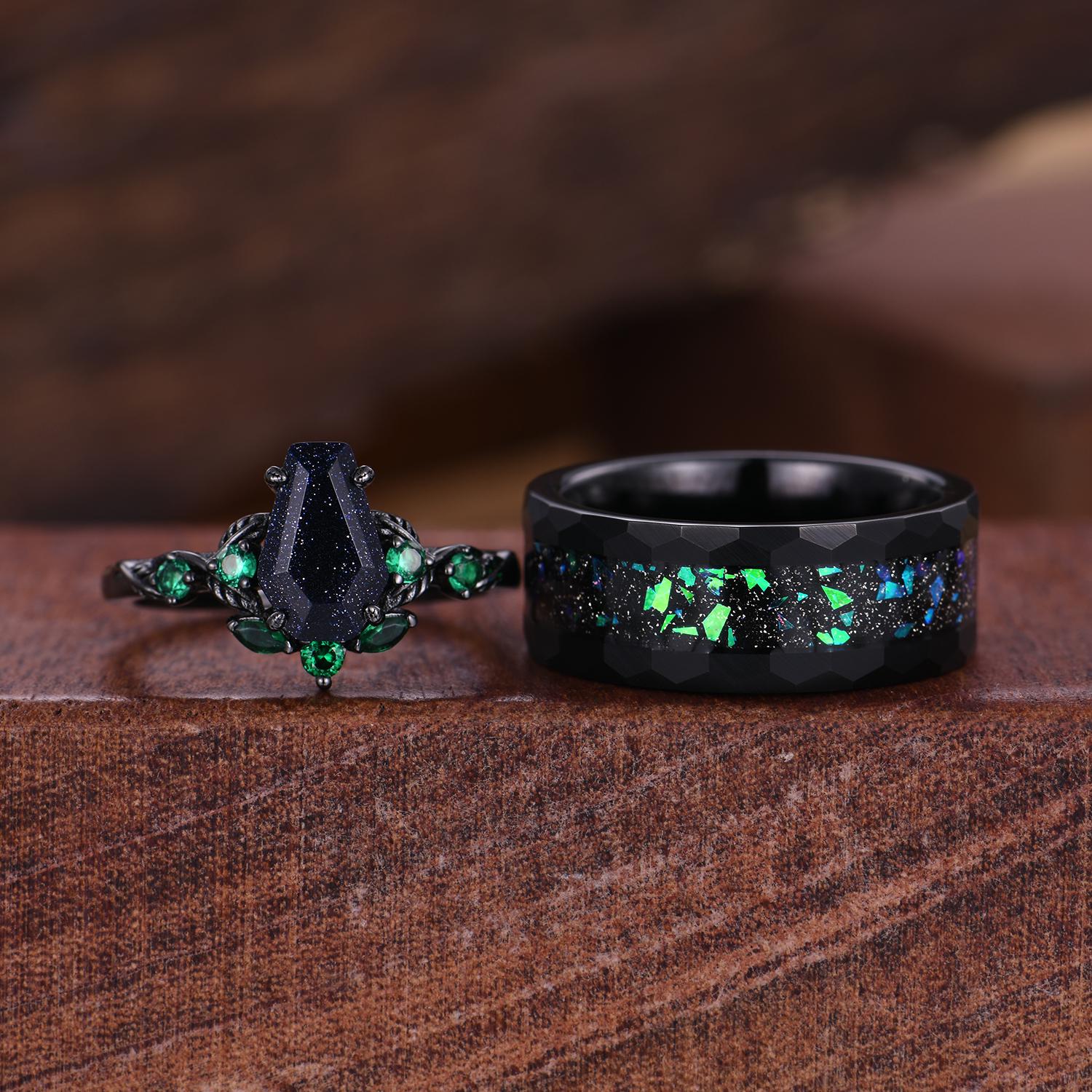 Coffin cut galaxy sandstone couples ring set starry sky matching promise rings His and Her wedding band Mens hammered ring anniversary gifts