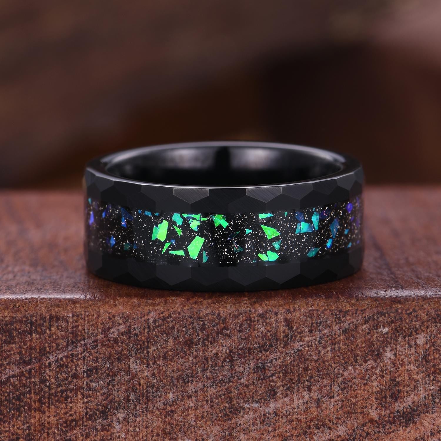 Coffin cut galaxy sandstone couples ring set starry sky matching promise rings His and Her wedding band Mens hammered ring anniversary gifts