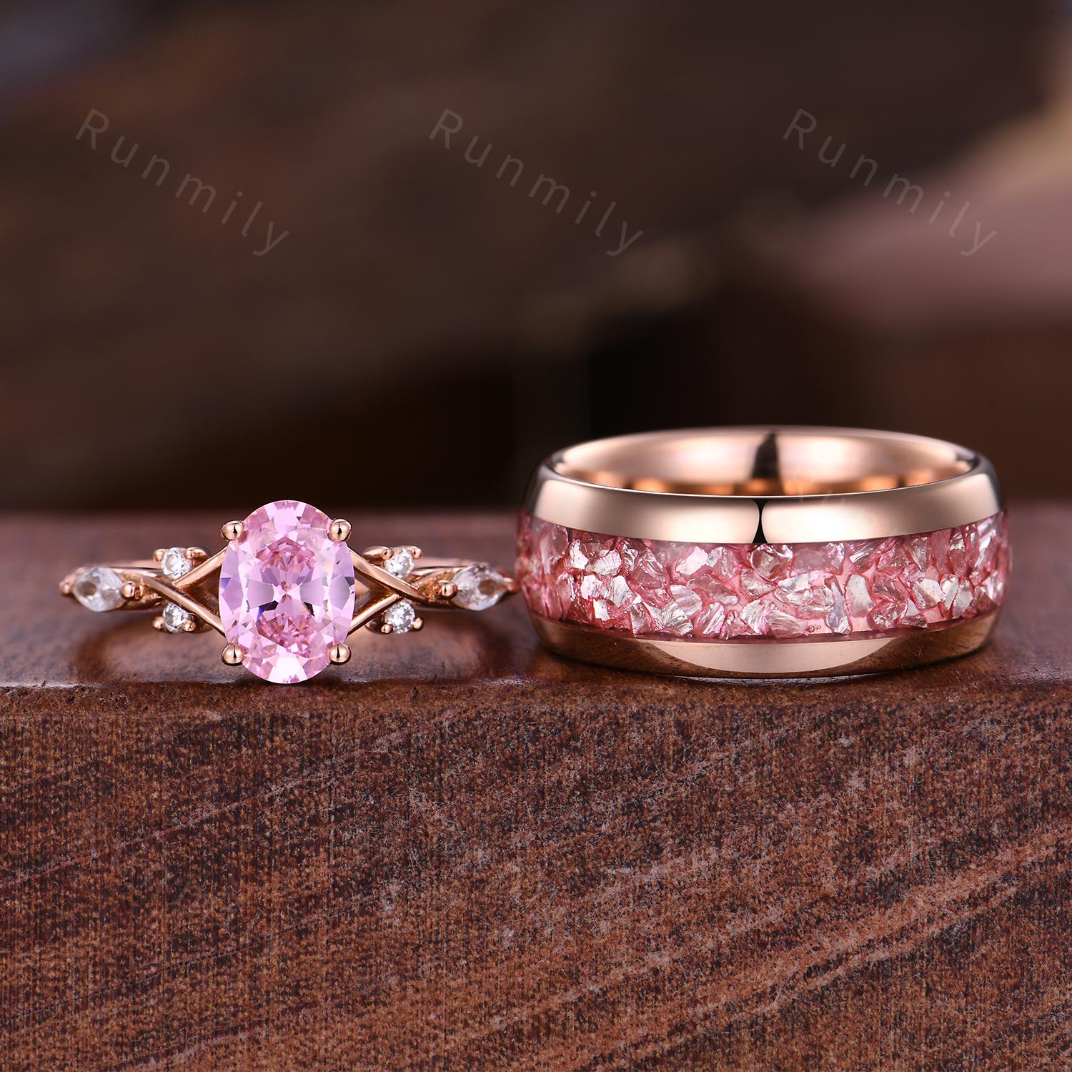 Simulated Pink Diamond Couples Rings, Oval Pink Diamond Rings for Women, His And Hers Wedding Band, Mens Rose Gold Tungsten Ring, Pink Gems