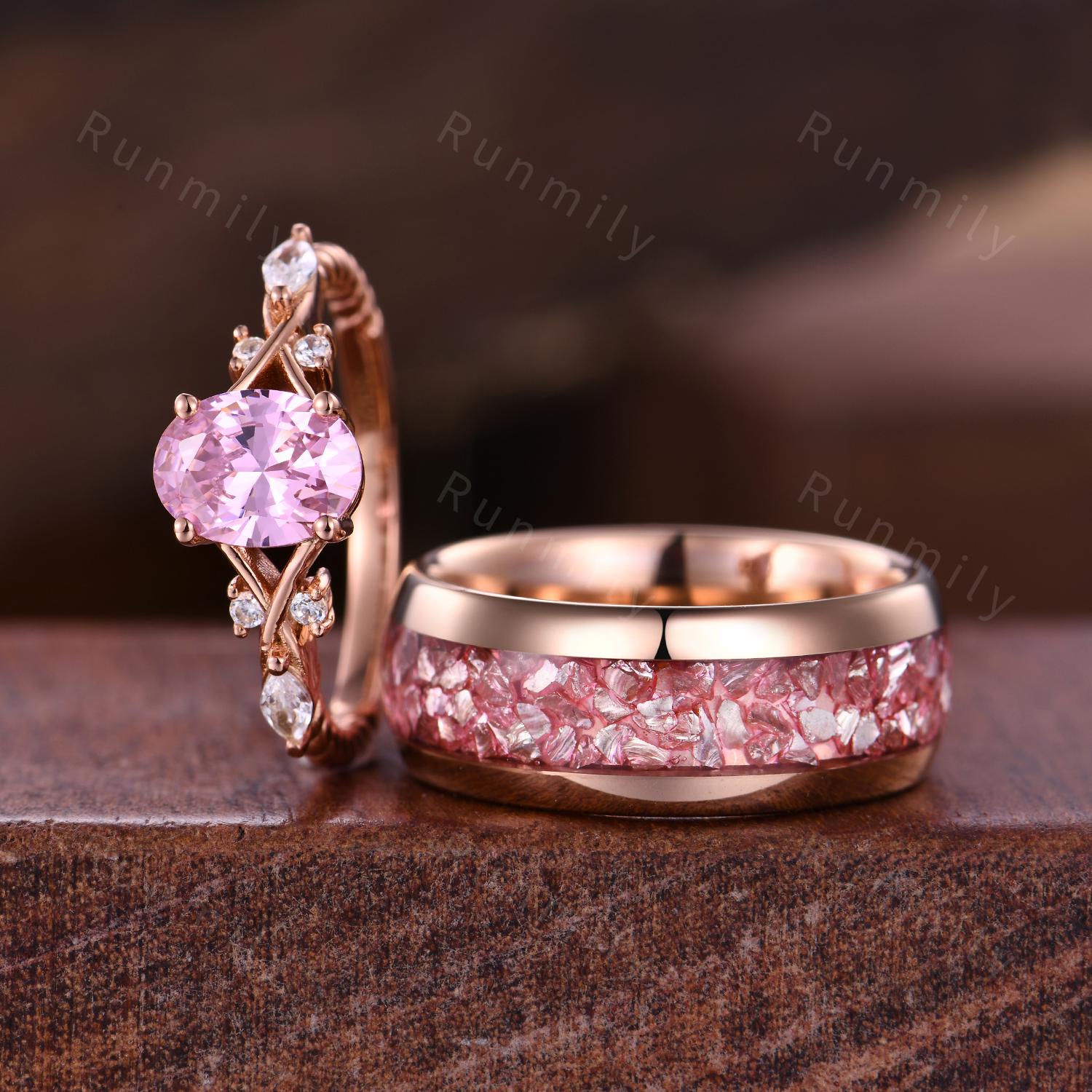Simulated Pink Diamond Couples Rings, Oval Pink Diamond Rings for Women, His And Hers Wedding Band, Mens Rose Gold Tungsten Ring, Pink Gems