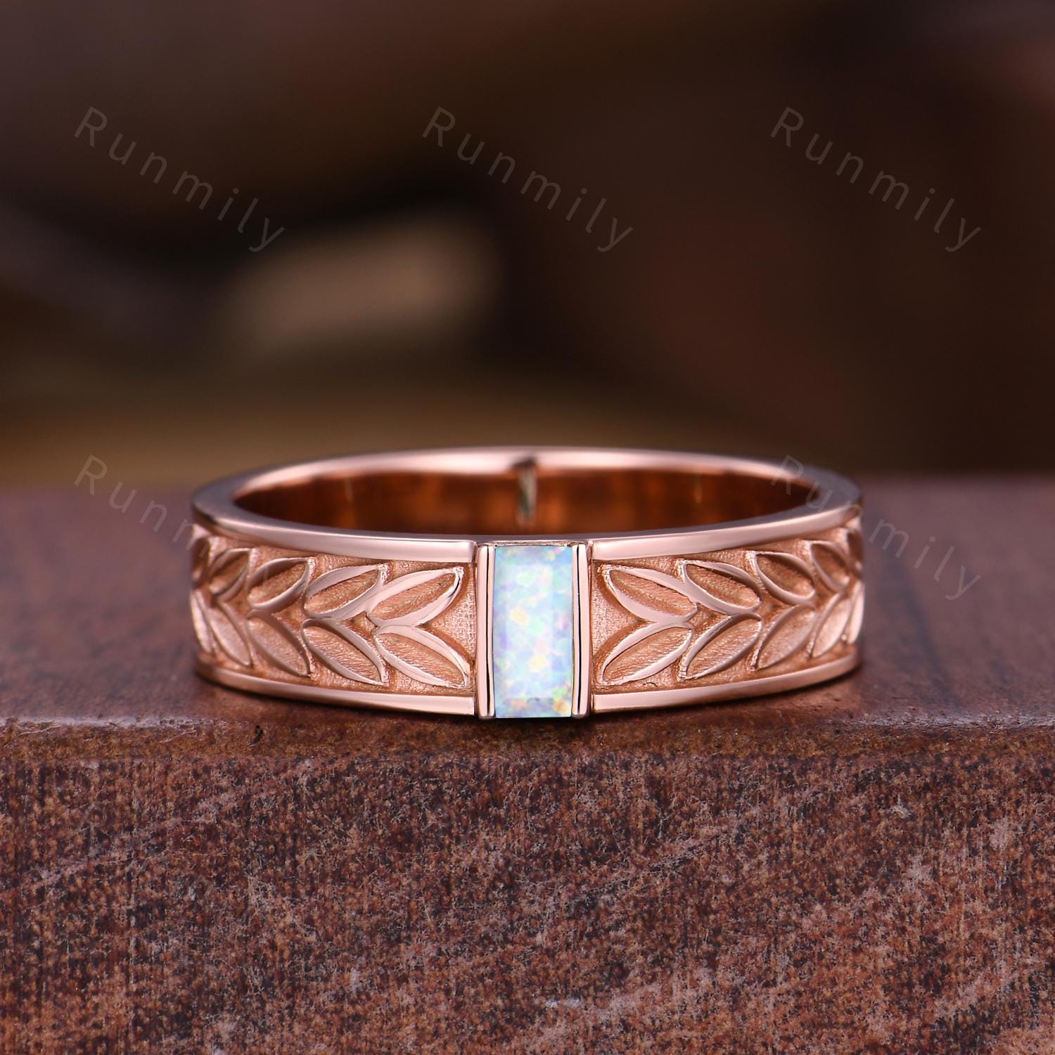 Mens White Opal Wedding Band Baguette Cut Opal Band 5mm Rose Gold Ring Mens Vine Leaf Stacking Matching Band Retro Vintage Ring Gift for Him