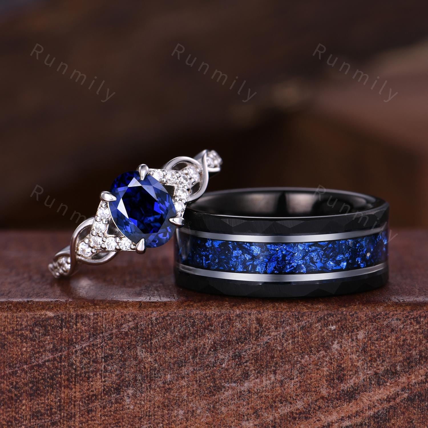 Blue Nebula Ring Set, Kite Sapphire Couple Promise Rings, His and Hers Wedding Band, Mens Crushed Sapphire Ring, September Birthstone Rings