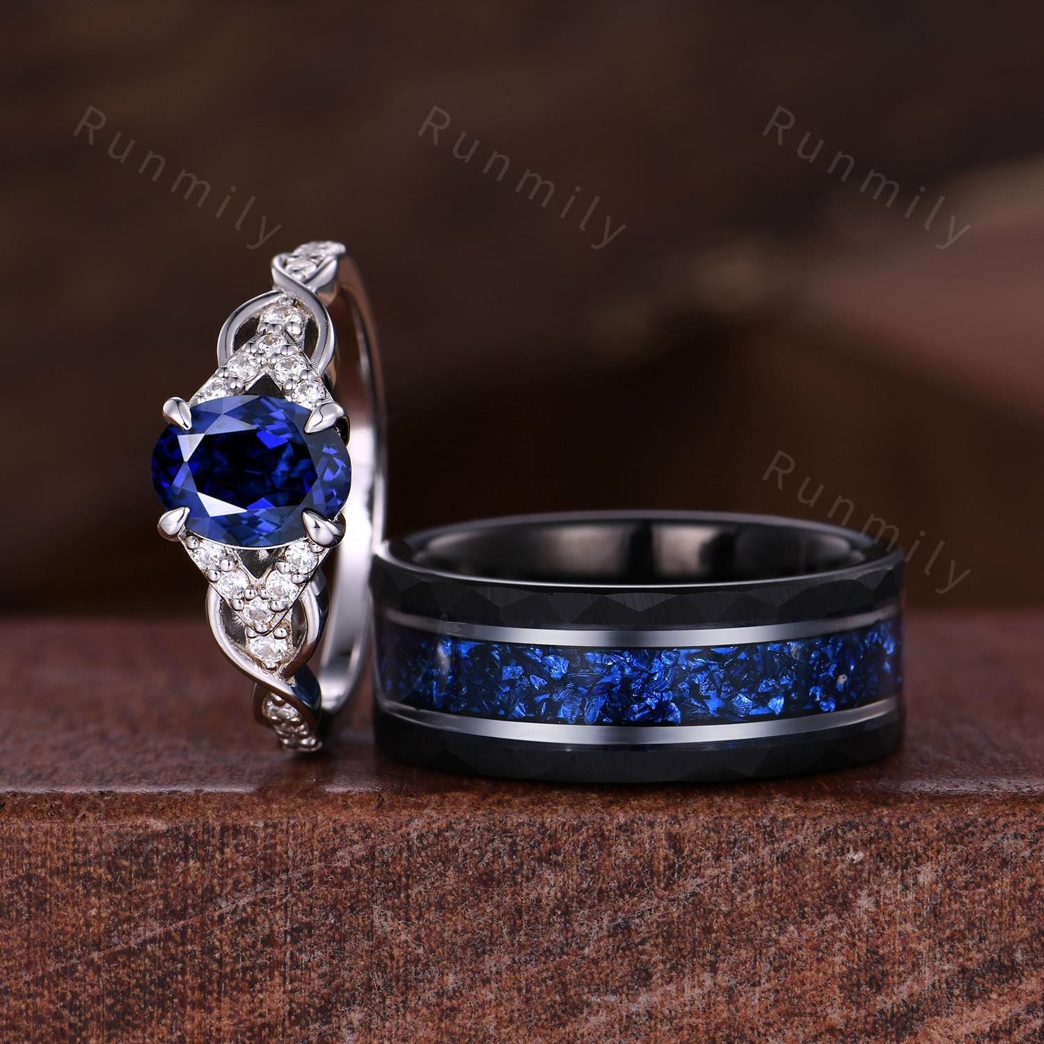 Orion Nebula Ring Set, His and Hers Wedding Band, Mens Crushed Sapphire Ring, Blue Sapphire Matching Couples Ring, September Birthstone Ring