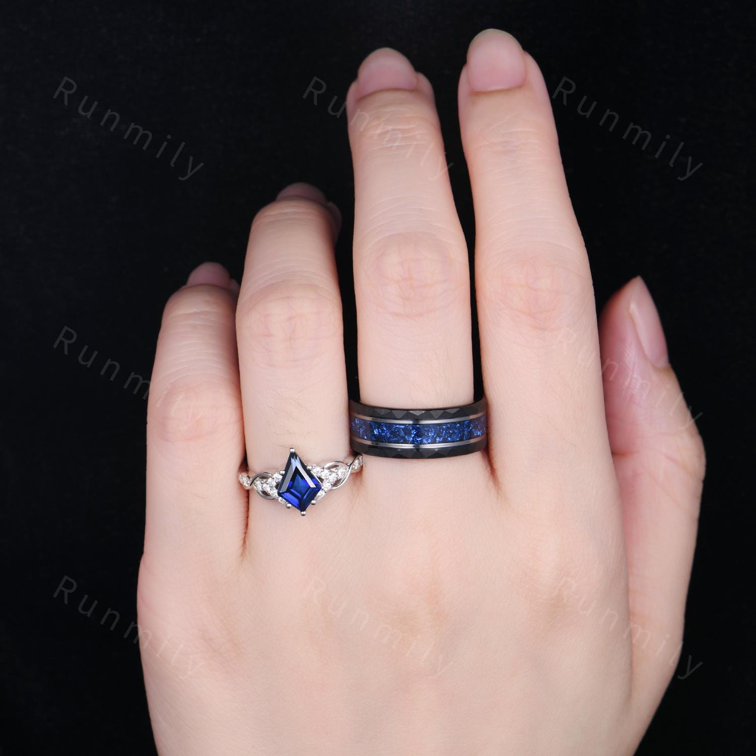 Blue Nebula Ring Set, Kite Sapphire Couple Promise Rings, His and Hers Wedding Band, Mens Crushed Sapphire Ring, September Birthstone Rings