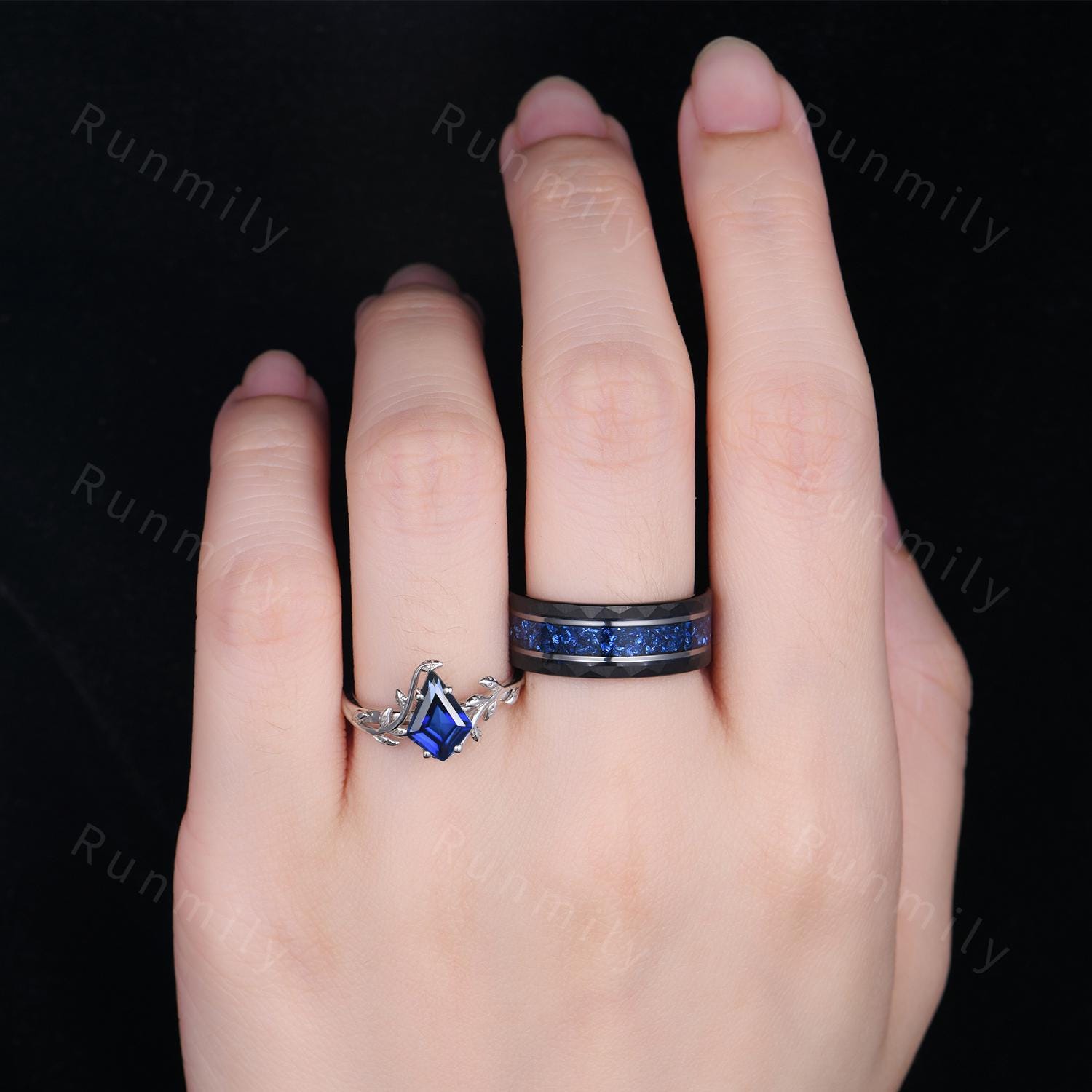 Kite cut Blue Sapphire Ring Silver His and Her Wedding Band Blue Sapphire Matching Ring Set Twig Leaf Style Ring September Rings for Couple