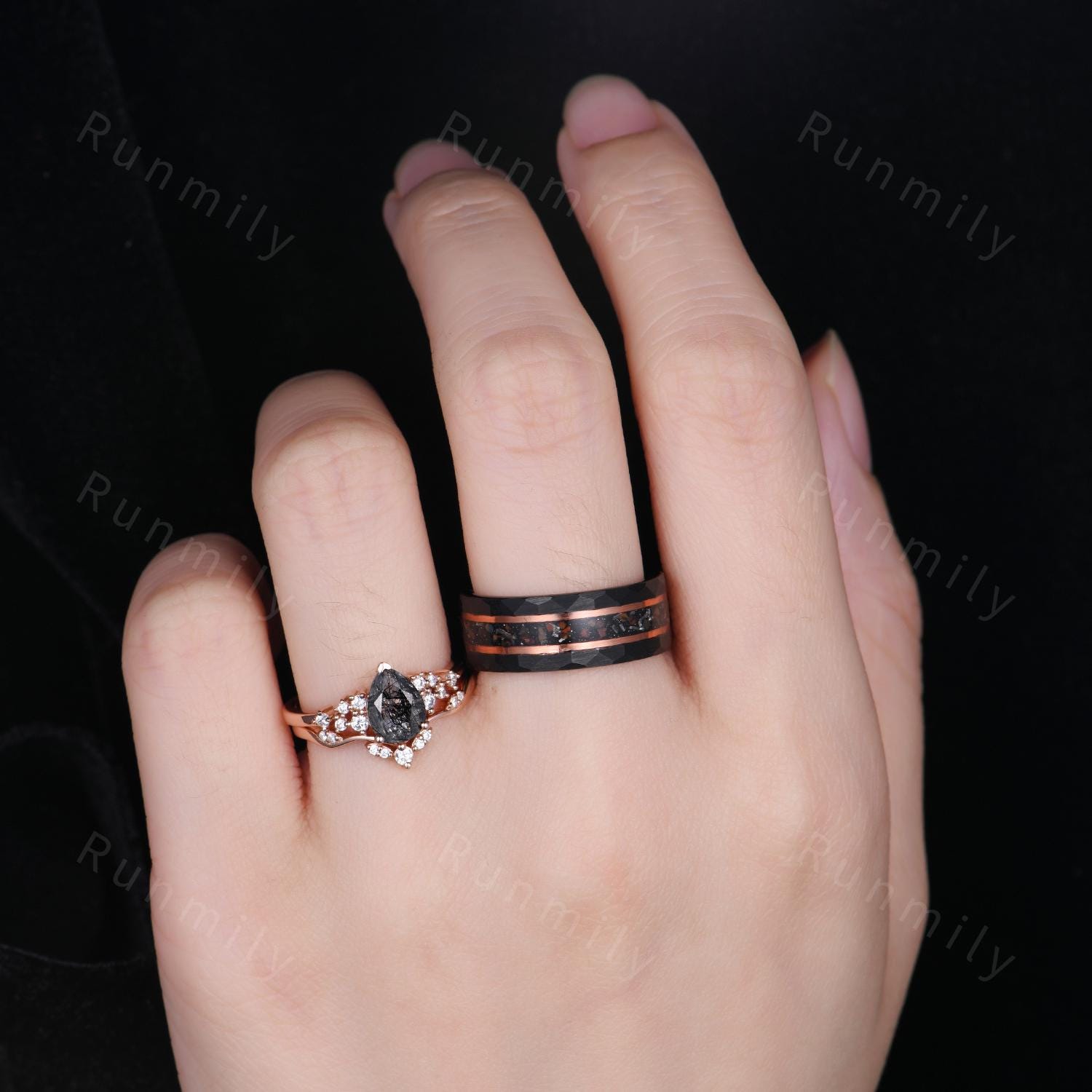 Vintage Black Rutilated Quartz Engagement Ring Set Rose Gold & Tungsten Couples Ring His and Hers Wedding Band Anniversary Gift for Couple
