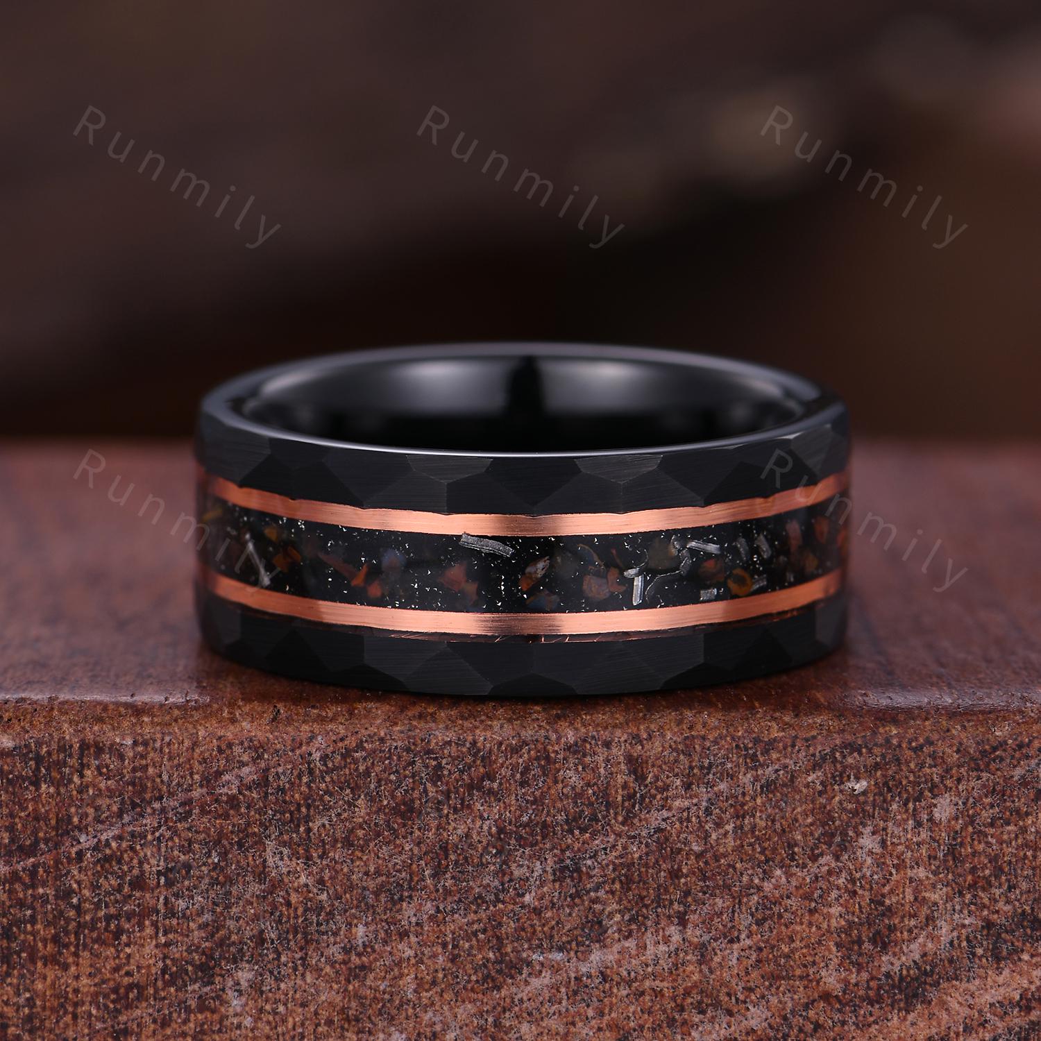 Vintage Black Rutilated Quartz Engagement Ring Set Rose Gold & Tungsten Couples Ring His and Hers Wedding Band Anniversary Gift for Couple