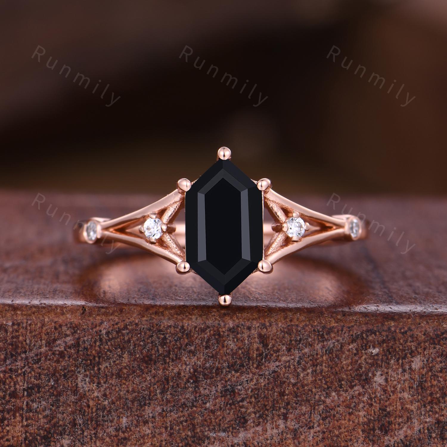 Unique Black Onyx Engagement ring set Cruved stacking wedding band Rose gold split shank moissanite Bridal set Anniversary ring gift