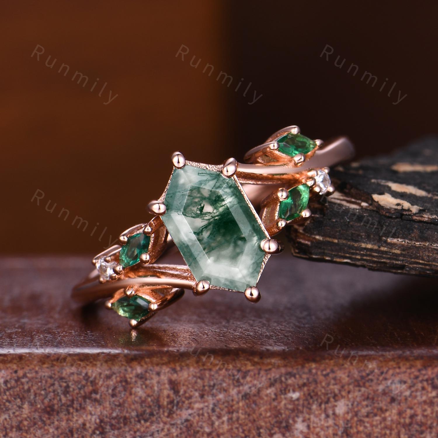 Hexagon cut moss agate engagement ring unique branch ring Art deco marquise emerald wedding ring nature inspired green agate promise ring