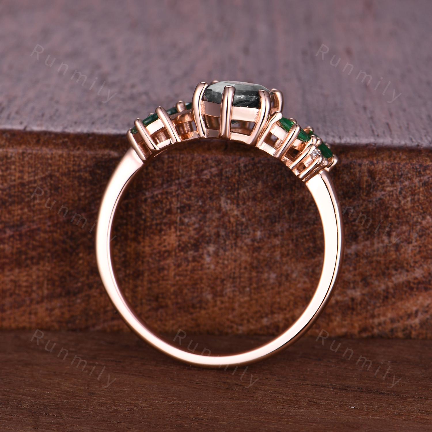 Hexagon cut moss agate engagement ring unique branch ring Art deco marquise emerald wedding ring nature inspired green agate promise ring