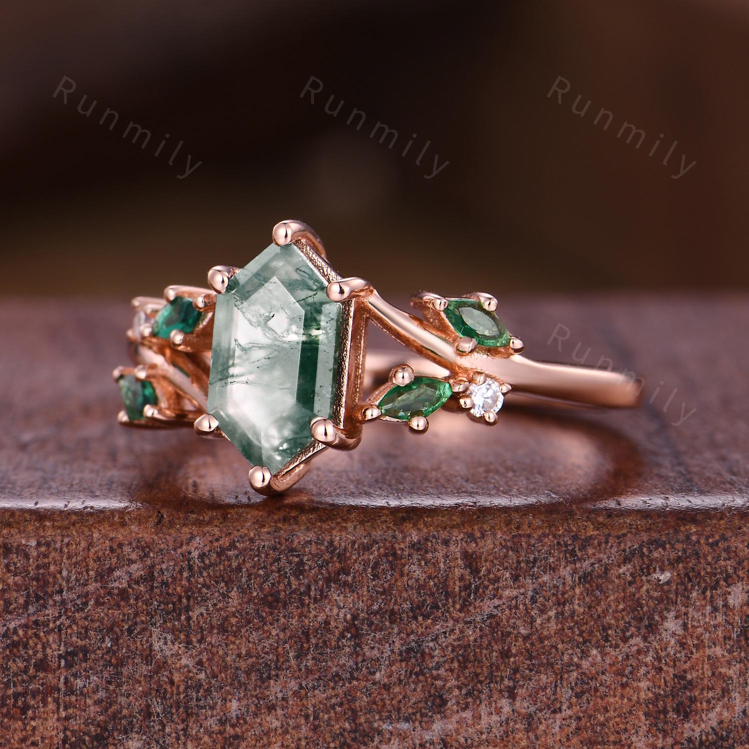 Hexagon cut moss agate engagement ring unique branch ring Art deco marquise emerald wedding ring nature inspired green agate promise ring