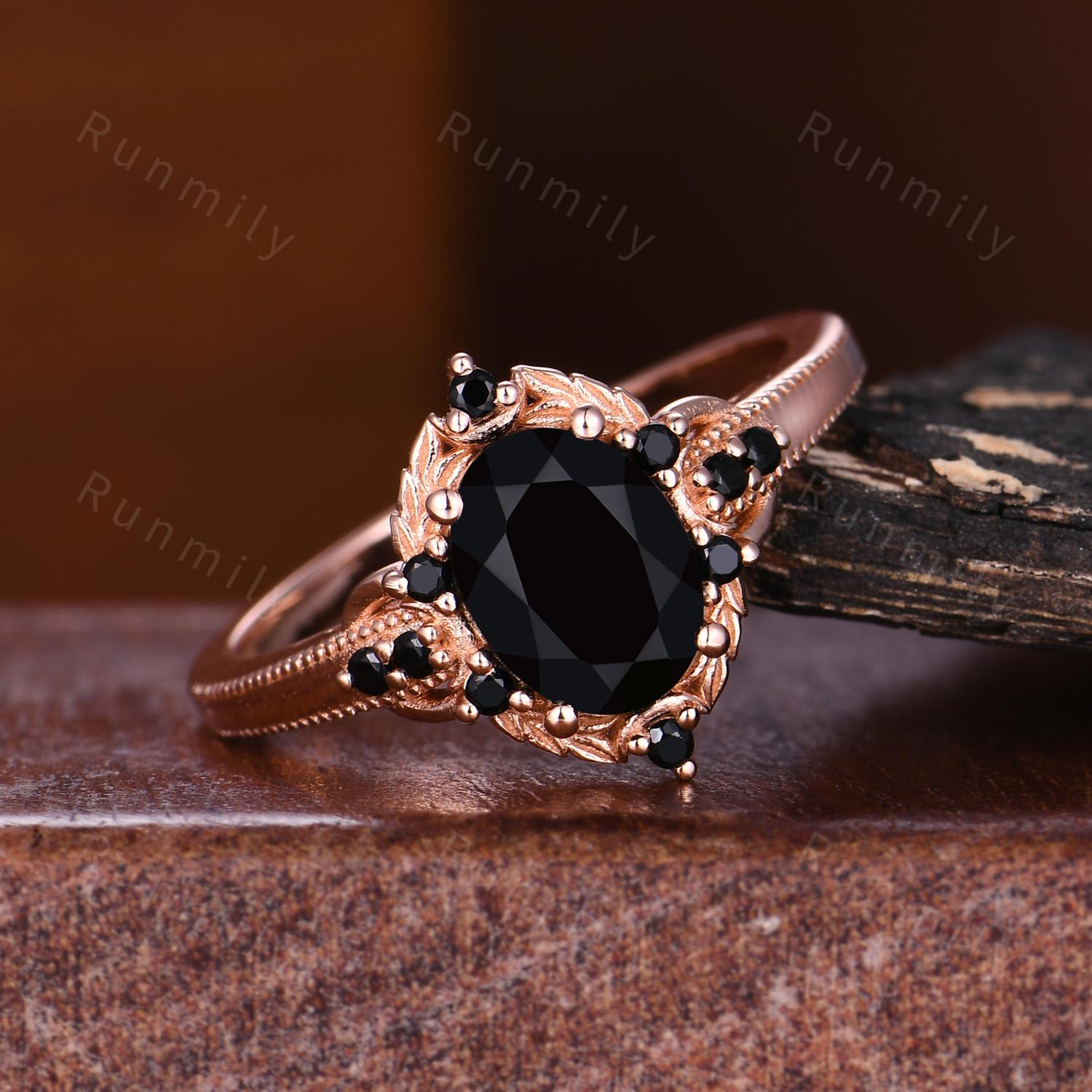 Antique Black Onyx Engagement Ring Rose Gold Oval Cut Ring For Women Vintage Black Spinel Ring Branch Leaf Bridal Promise Ring