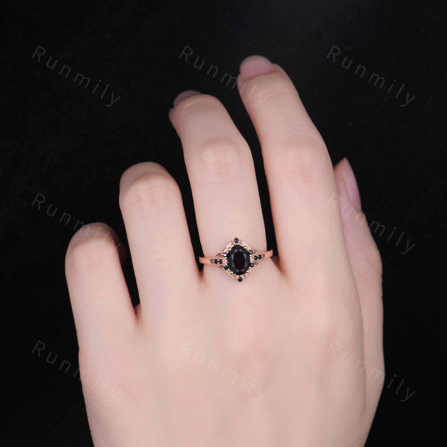 Antique Black Onyx Engagement Ring Rose Gold Oval Cut Ring For Women Vintage Black Spinel Ring Branch Leaf Bridal Promise Ring