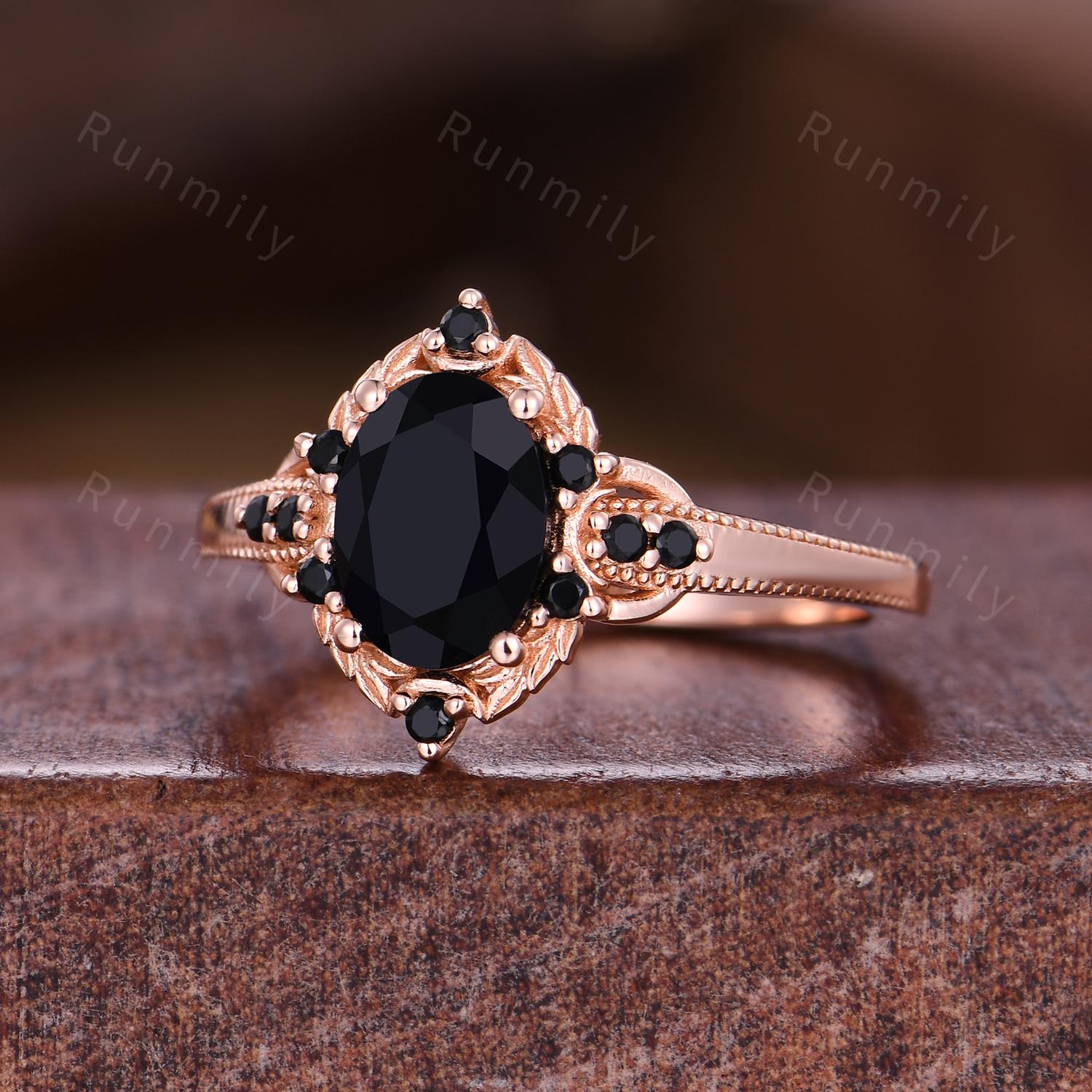 Antique Black Onyx Engagement Ring Rose Gold Oval Cut Ring For Women Vintage Black Spinel Ring Branch Leaf Bridal Promise Ring