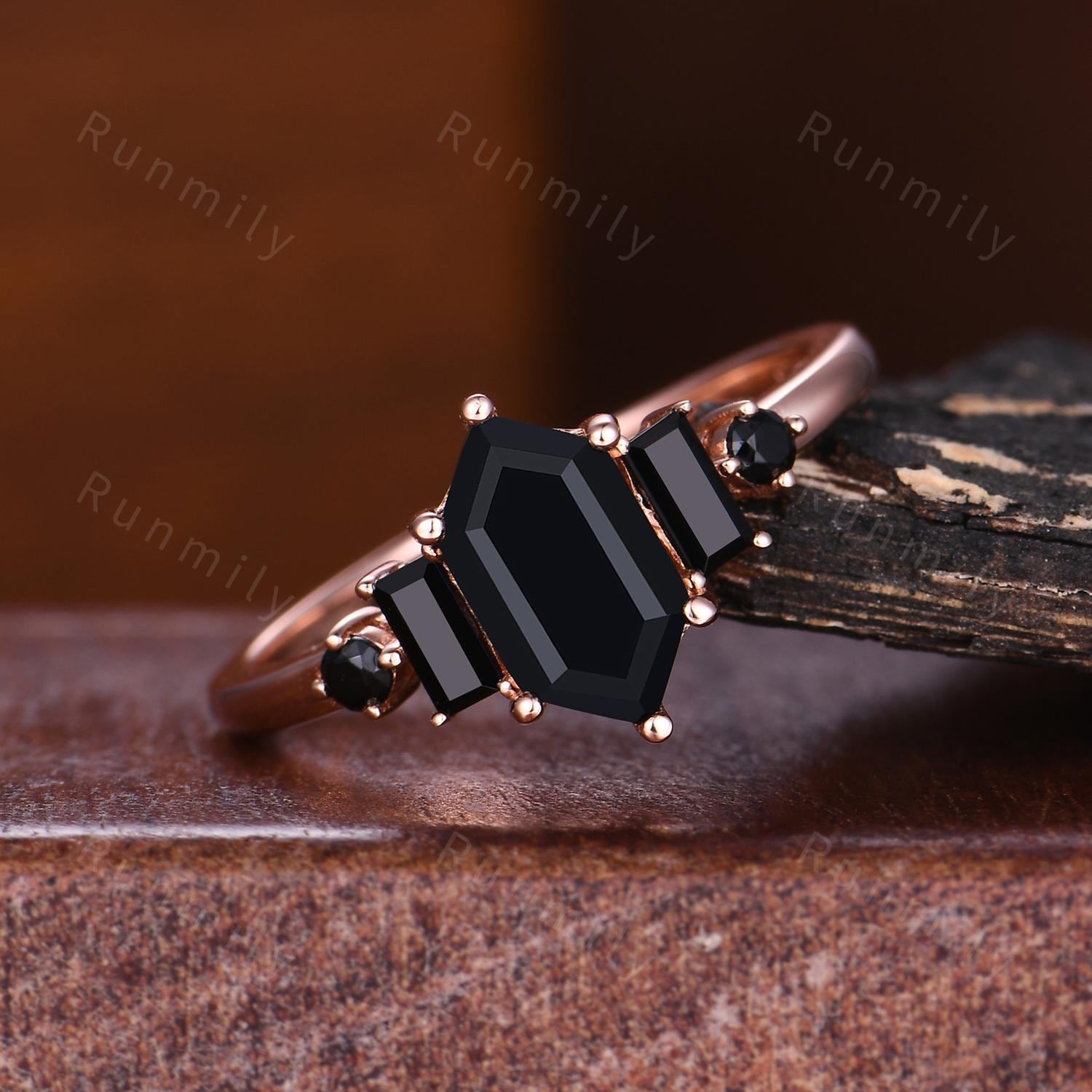 Vintage black onyx ring hexagon cut engagement ring for women five stone black gemstone ring rose gold baguette ring natural black stones