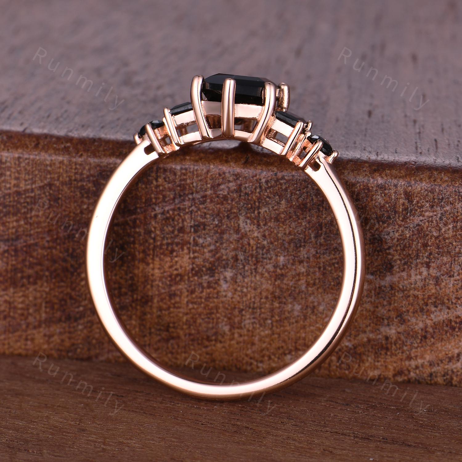 Vintage black onyx ring hexagon cut engagement ring for women five stone black gemstone ring rose gold baguette ring natural black stones