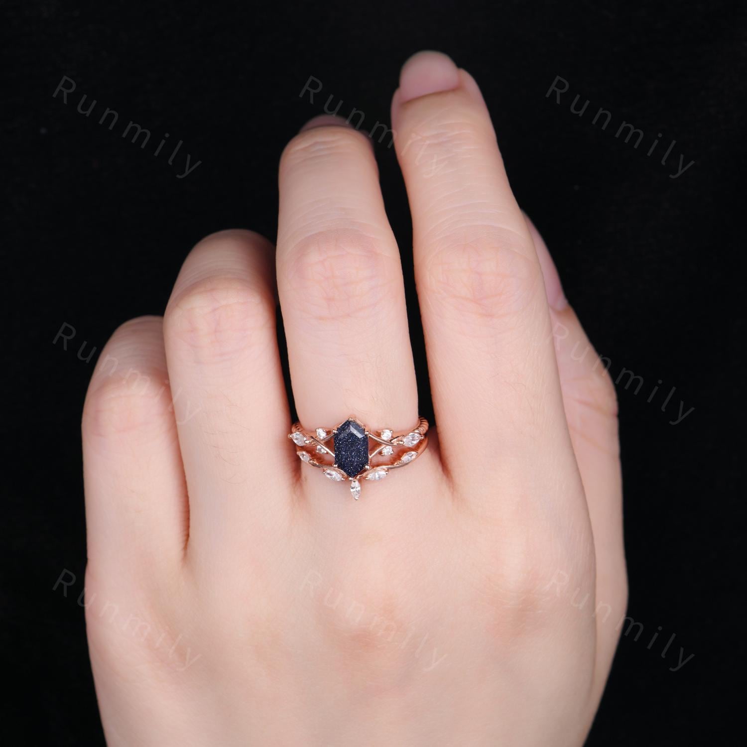 Hexagon cut Blue Sandstone Engagement ring set Vintage marquise diamond wedding band Rose gold Cluster stacking Bridal set Anniversary ring