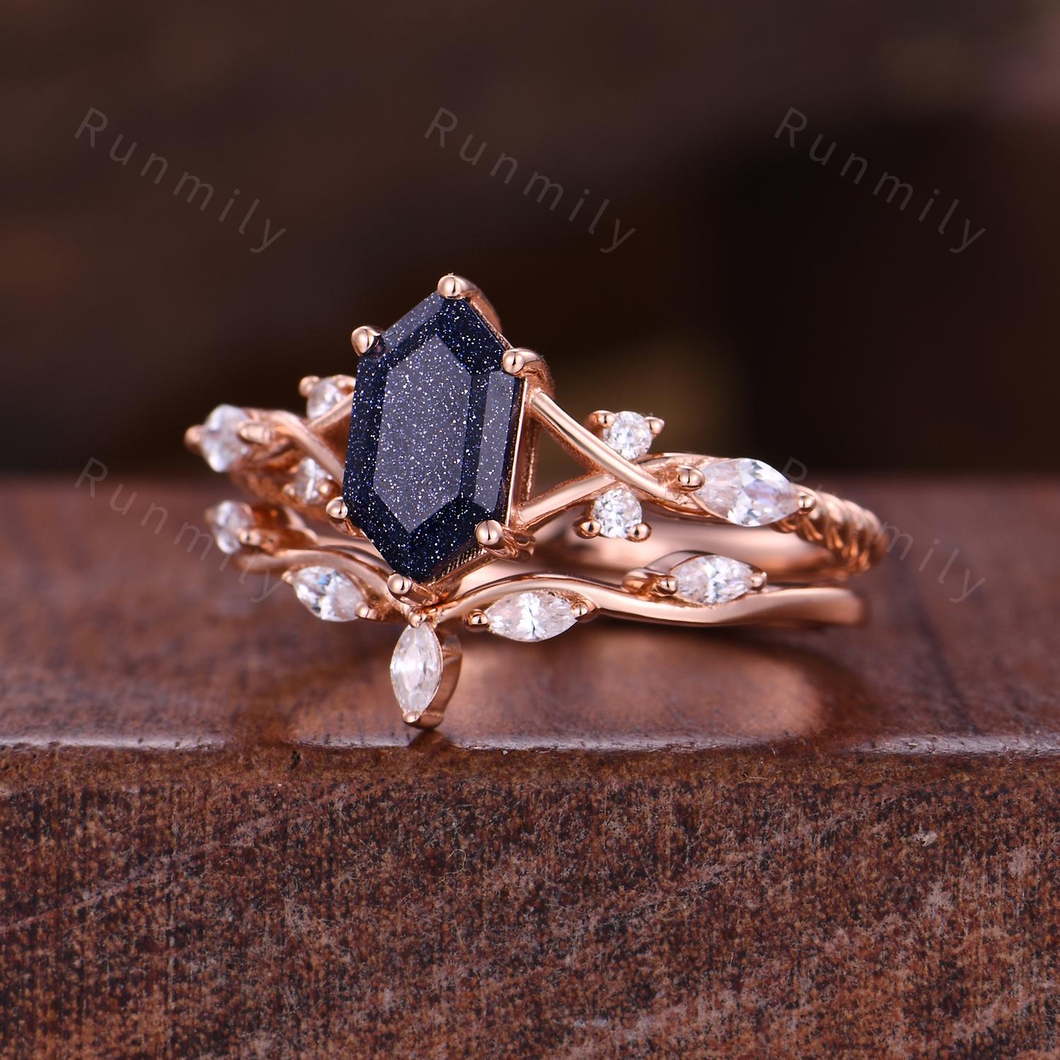 Hexagon cut Blue Sandstone Engagement ring set Vintage marquise diamond wedding band Rose gold Cluster stacking Bridal set Anniversary ring