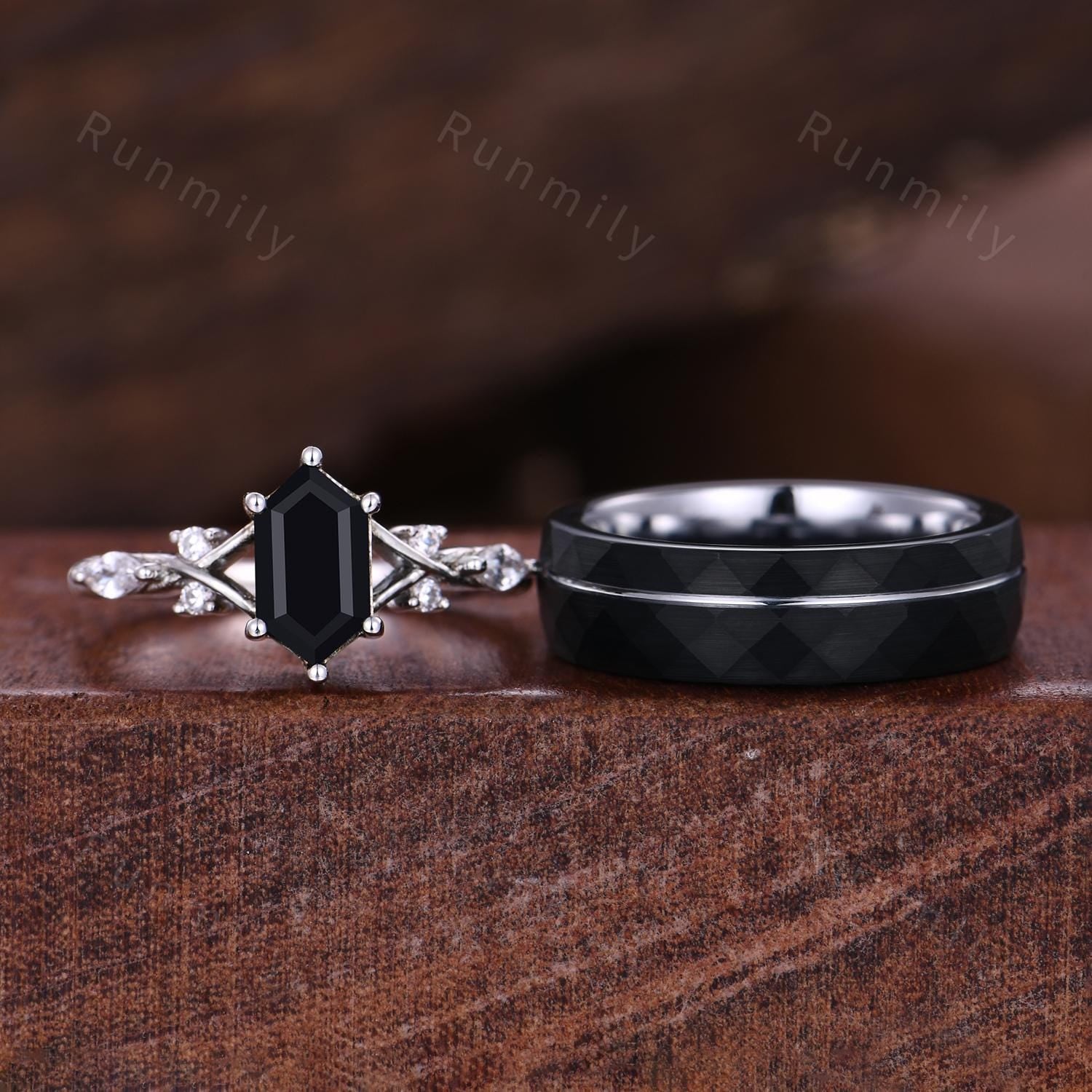 Vintage Black Onyx Couples Ring 925 Silver Matching Ring Set His And Hers Wedding Band Promise Ring For Men For Women Natural Black Gemstone