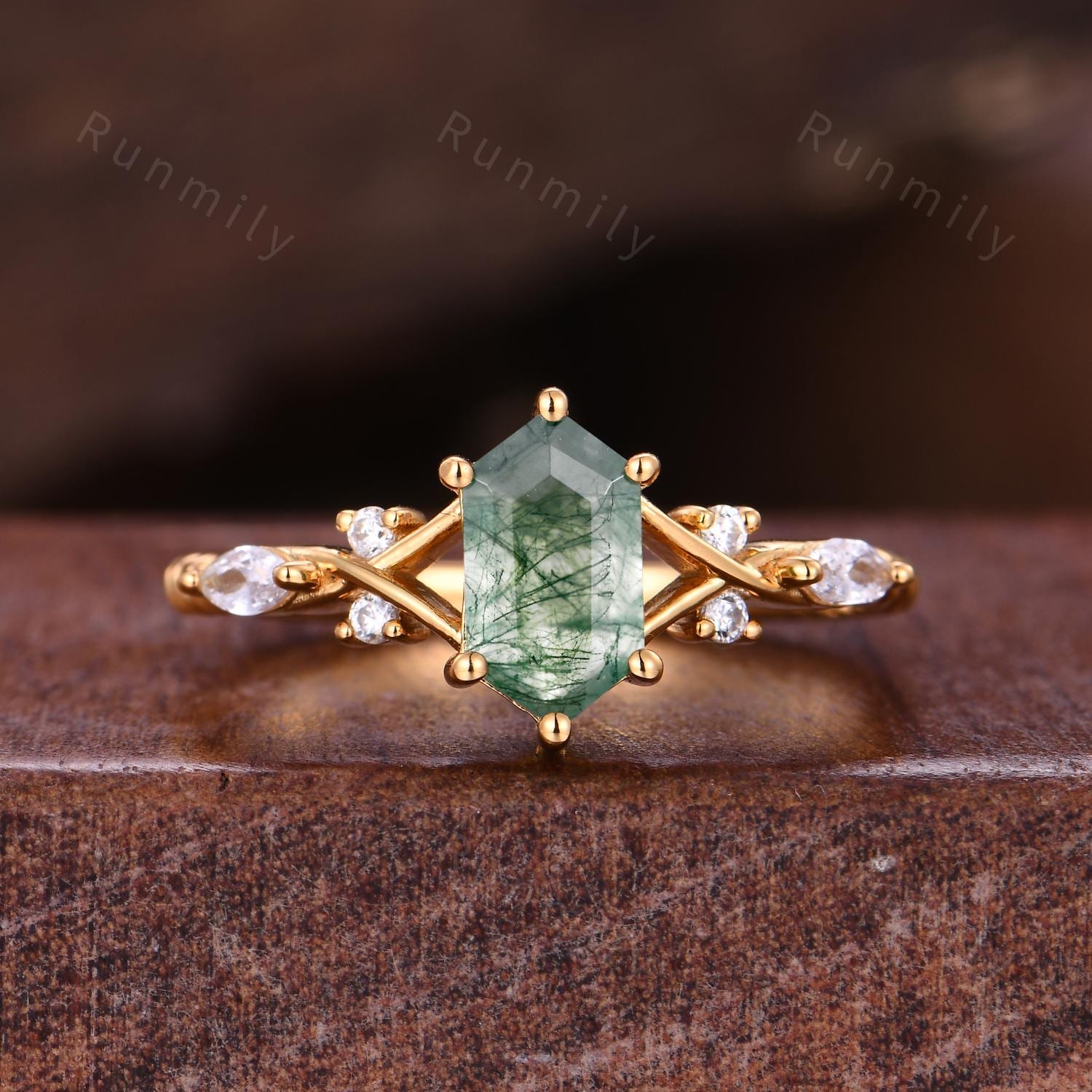 Vintage Moss Agate Couples Ring Yellow Gold Matching Ring Set His and Her Wedding Band Promise Rings For Men For Women Natural Moss Agate