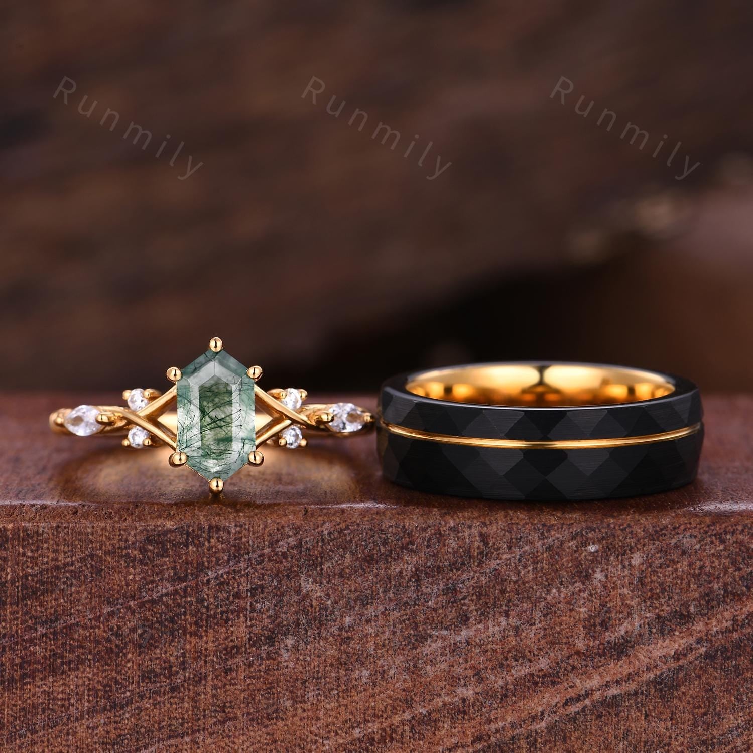 Vintage Moss Agate Couples Ring Yellow Gold Matching Ring Set His and Her Wedding Band Promise Rings For Men For Women Natural Moss Agate