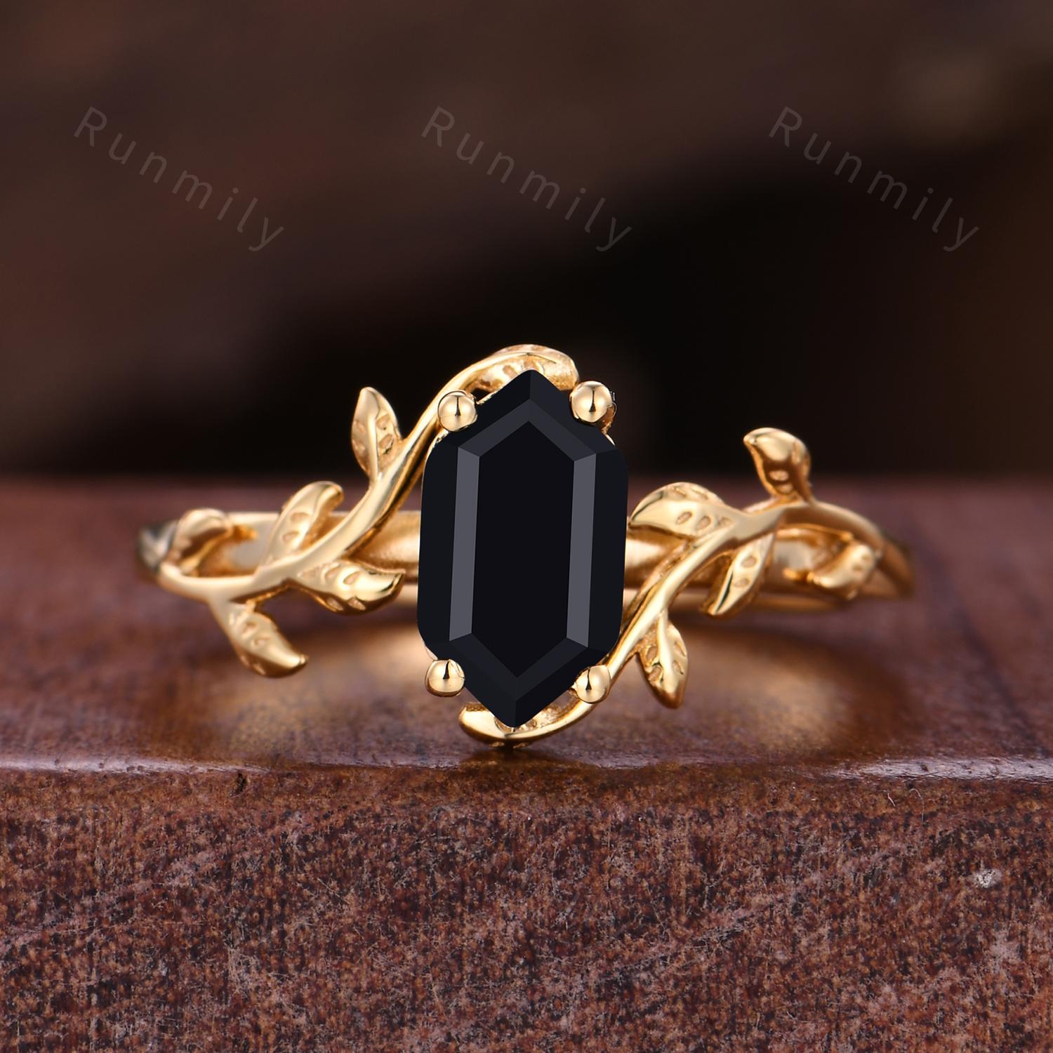 Vine Leaf Black Onyx Couples Ring Yellow Gold Matching Ring Set His and Hers Wedding Band Promise Ring For Men For Women Black Gemstone Ring