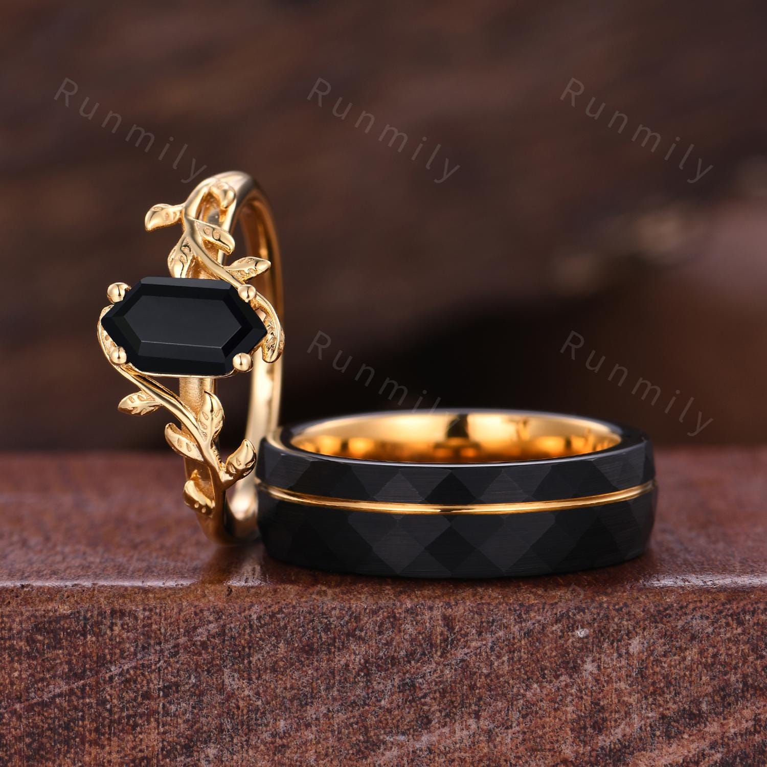 Vine Leaf Black Onyx Couples Ring Yellow Gold Matching Ring Set His and Hers Wedding Band Promise Ring For Men For Women Black Gemstone Ring