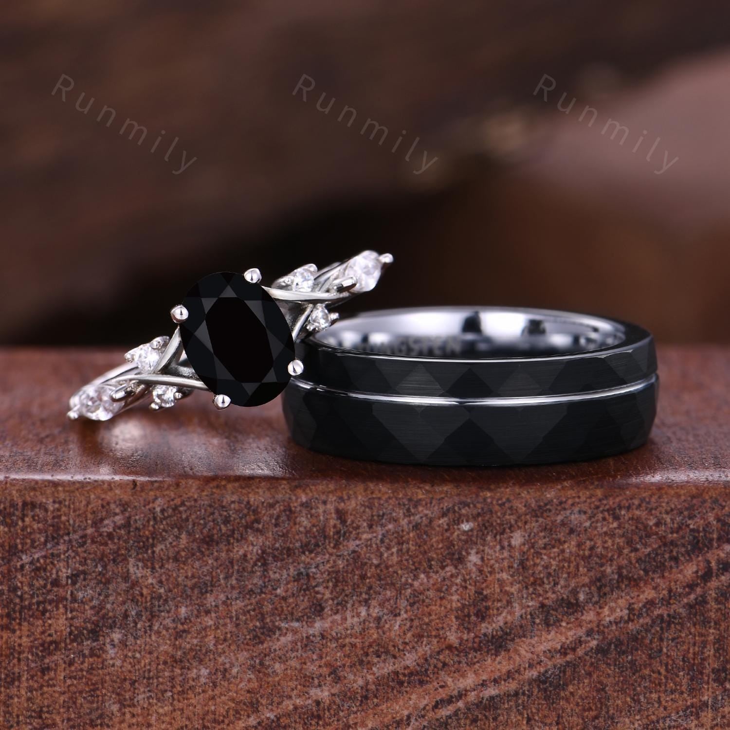 Oval cut Black Onyx Couples Ring White Gold Matching Ring Set His and Hers Wedding Band Promise Ring For Men For Women Black Gemstone Ring