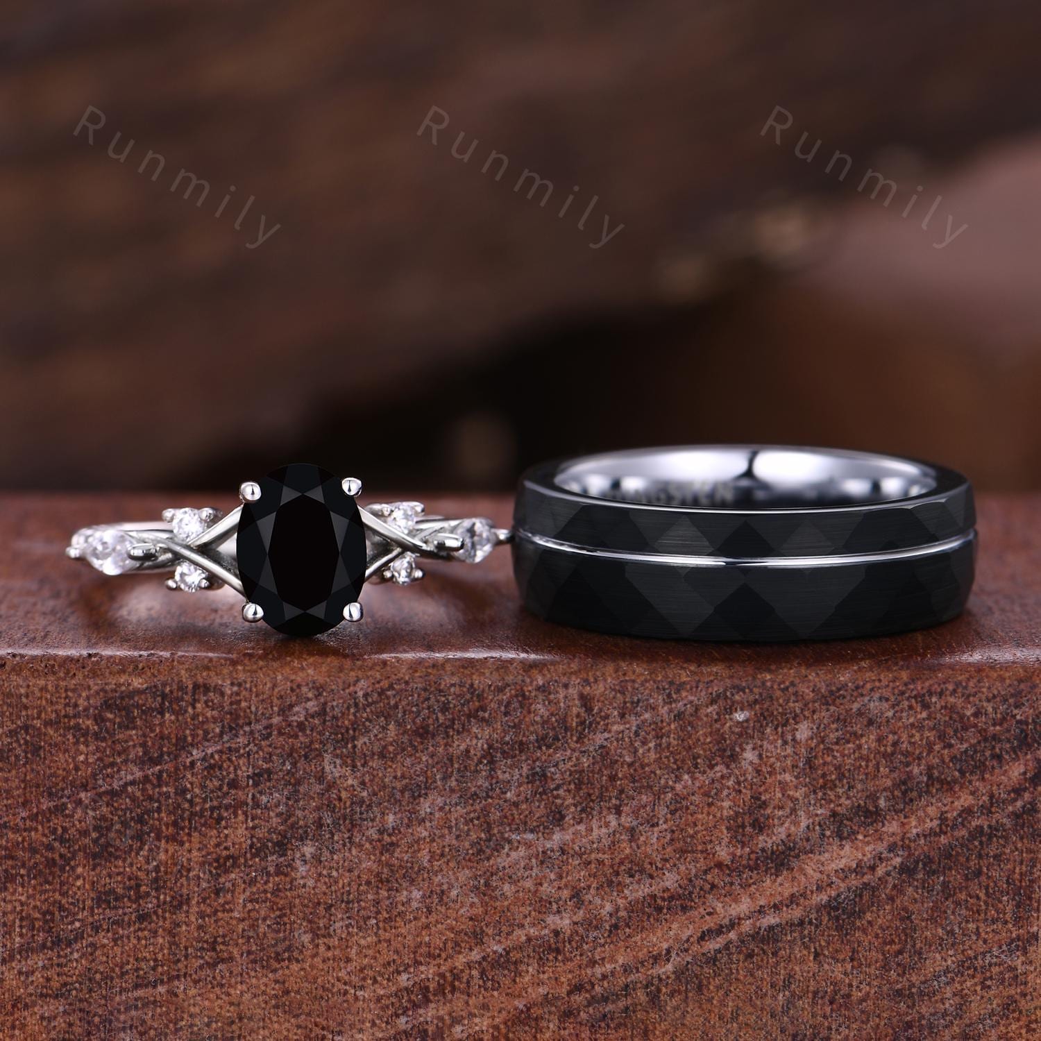 Oval cut Black Onyx Couples Ring White Gold Matching Ring Set His and Hers Wedding Band Promise Ring For Men For Women Black Gemstone Ring
