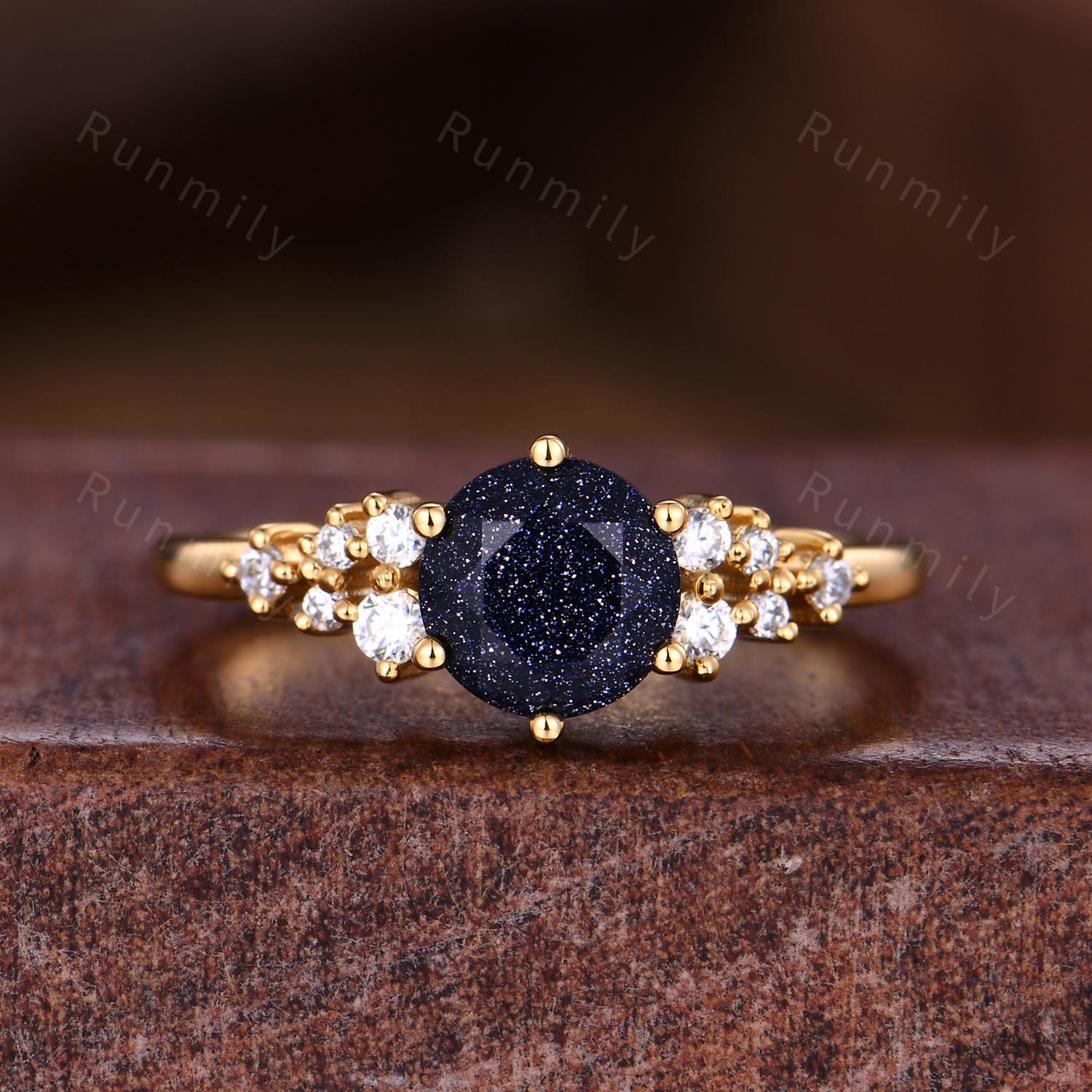 Round Blue Sandstone Engagement Ring Set For Women Cluster Moissanite Promise Ring Art Deco Yellow Gold Stacking Bridal Ring Set