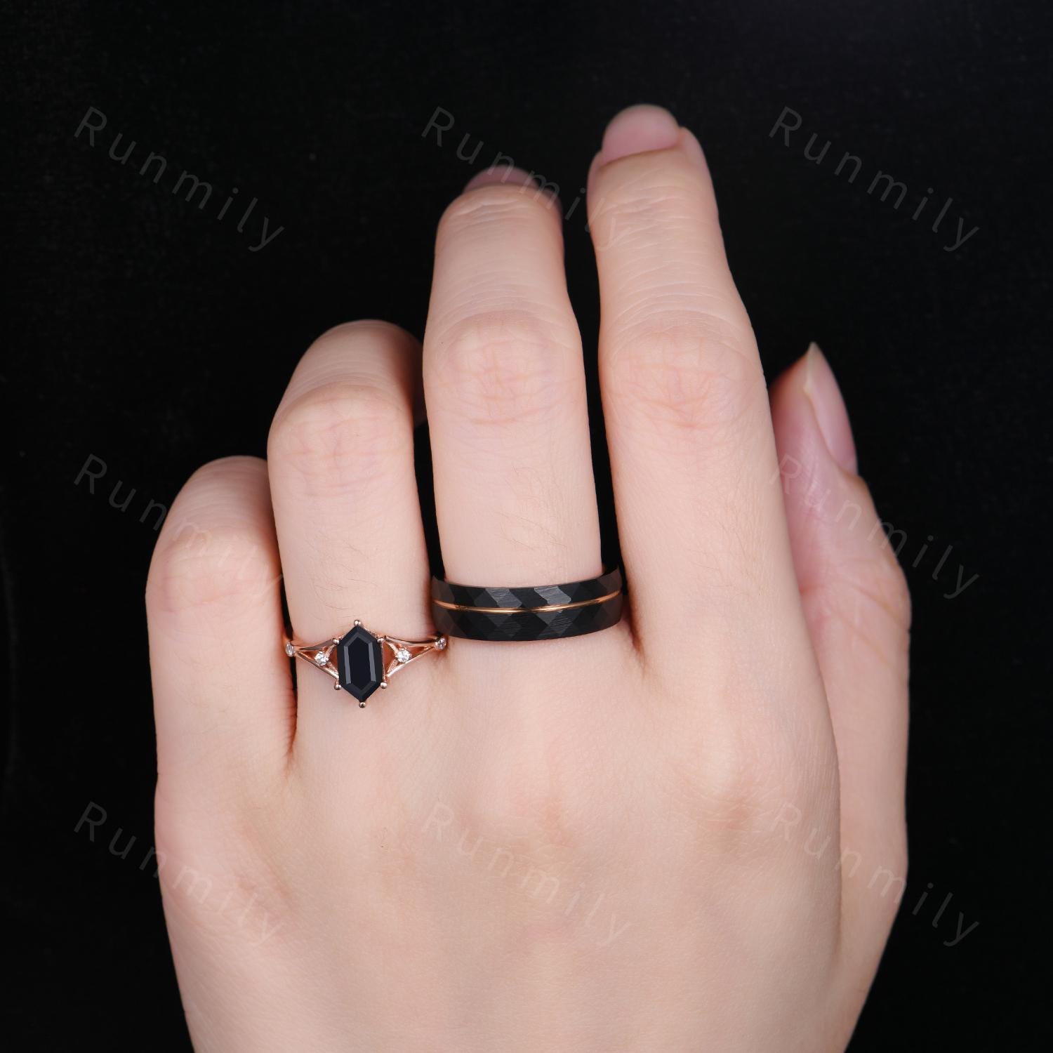 Hexagon Black Onyx Couples Ring Rose Gold Matching Ring Set His and Hers Wedding Band Promise Ring For Men For Women Unique Shank Ring
