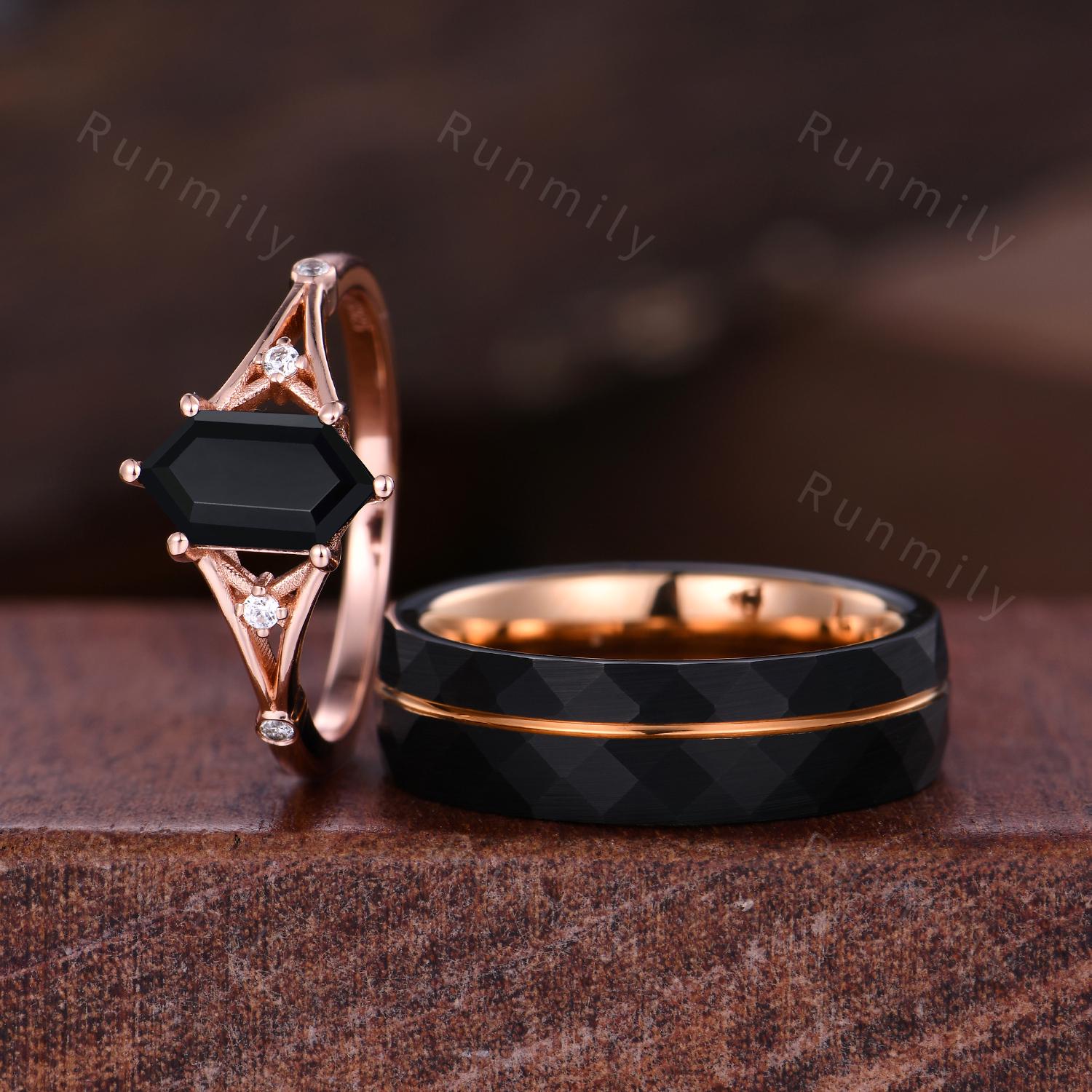 Hexagon Black Onyx Couples Ring Rose Gold Matching Ring Set His and Hers Wedding Band Promise Ring For Men For Women Unique Shank Ring