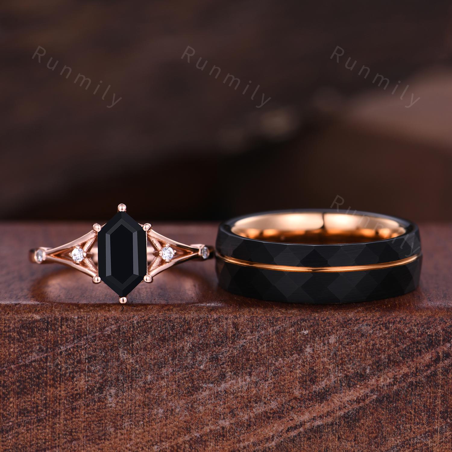 Hexagon Black Onyx Couples Ring Rose Gold Matching Ring Set His and Hers Wedding Band Promise Ring For Men For Women Unique Shank Ring