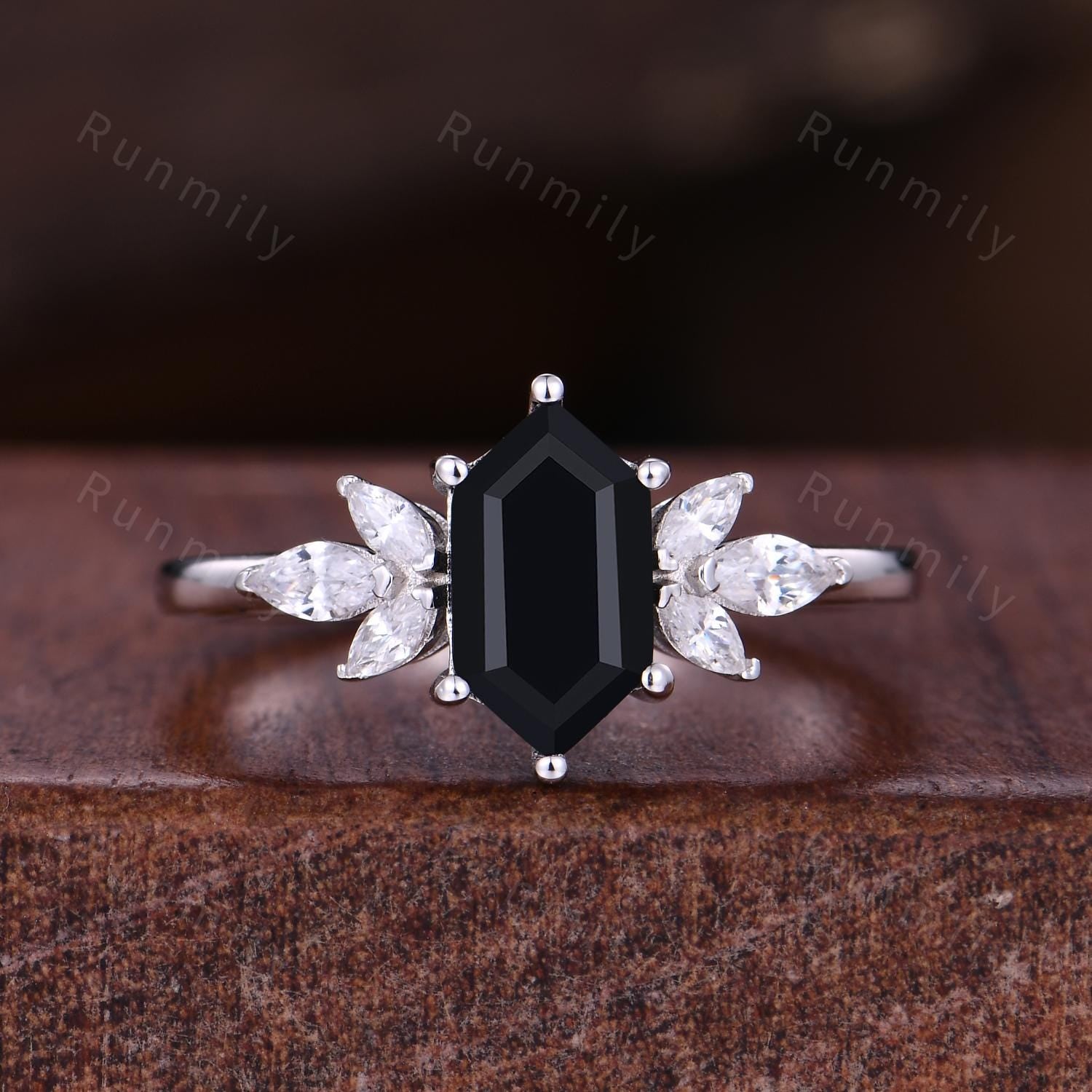 Hexagon black onyx couple ring vintage Unique Marquise cut Diamond Cluster ring White gold His and Hers wedding band Mens hammered band