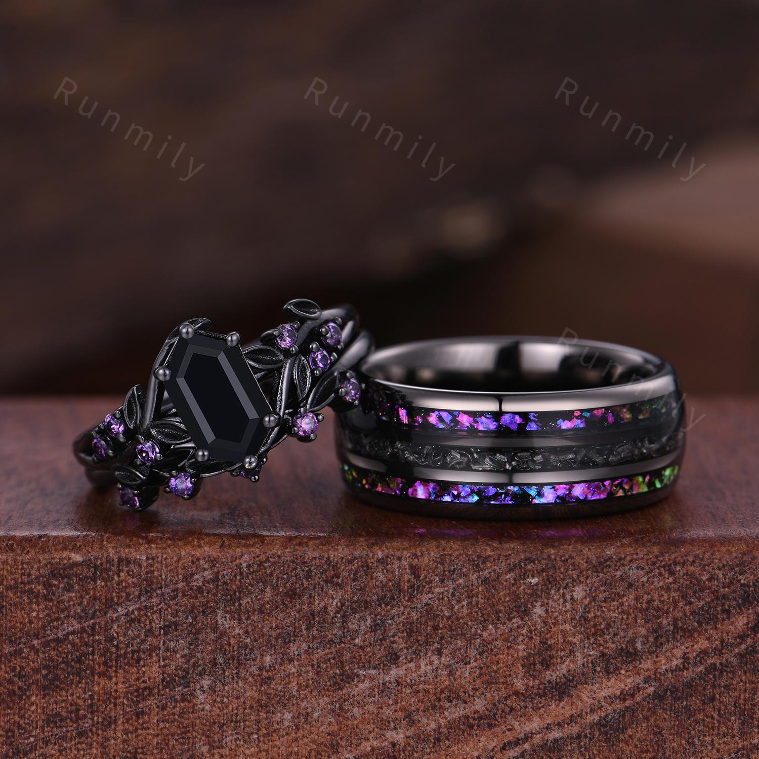 Purple Nebula Ring, Black Onyx Amethyst Engagement Ring Set, Black Gold His And Hers Wedding Band, Gothic Couples Ring, Nature Inspired Ring