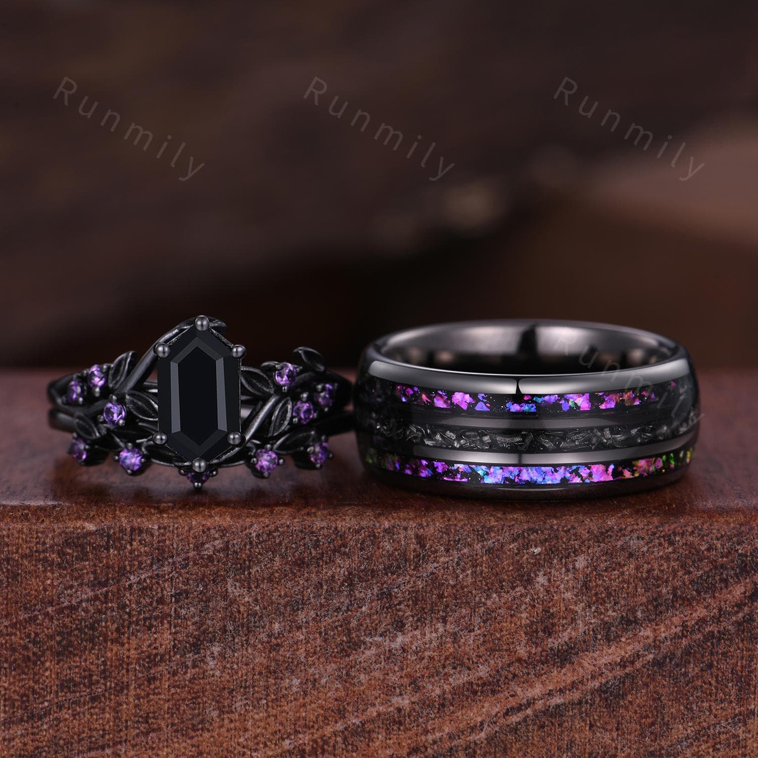 Purple Nebula Ring, Black Onyx Amethyst Engagement Ring Set, Black Gold His And Hers Wedding Band, Gothic Couples Ring, Nature Inspired Ring
