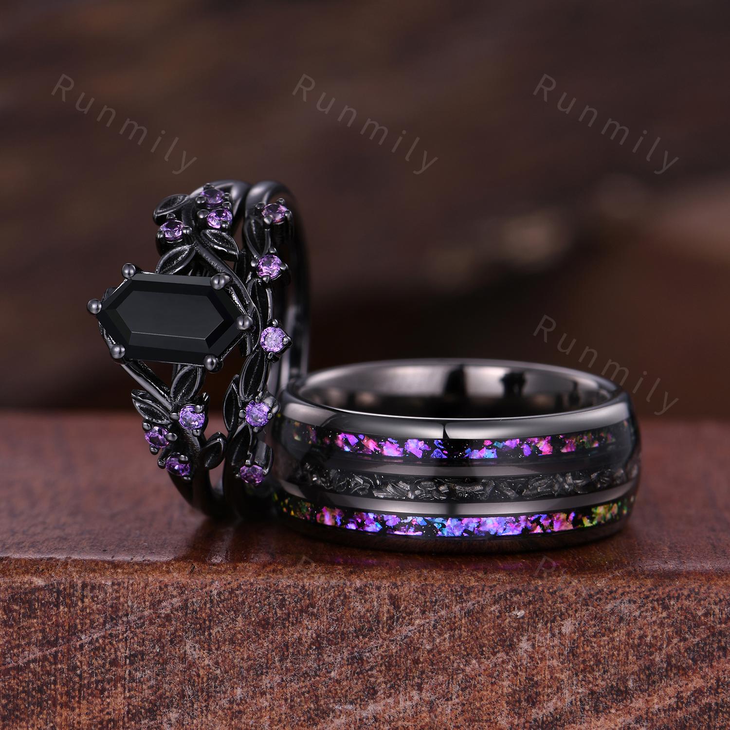 Purple Nebula Ring, Black Onyx Amethyst Engagement Ring Set, Black Gold His And Hers Wedding Band, Gothic Couples Ring, Nature Inspired Ring