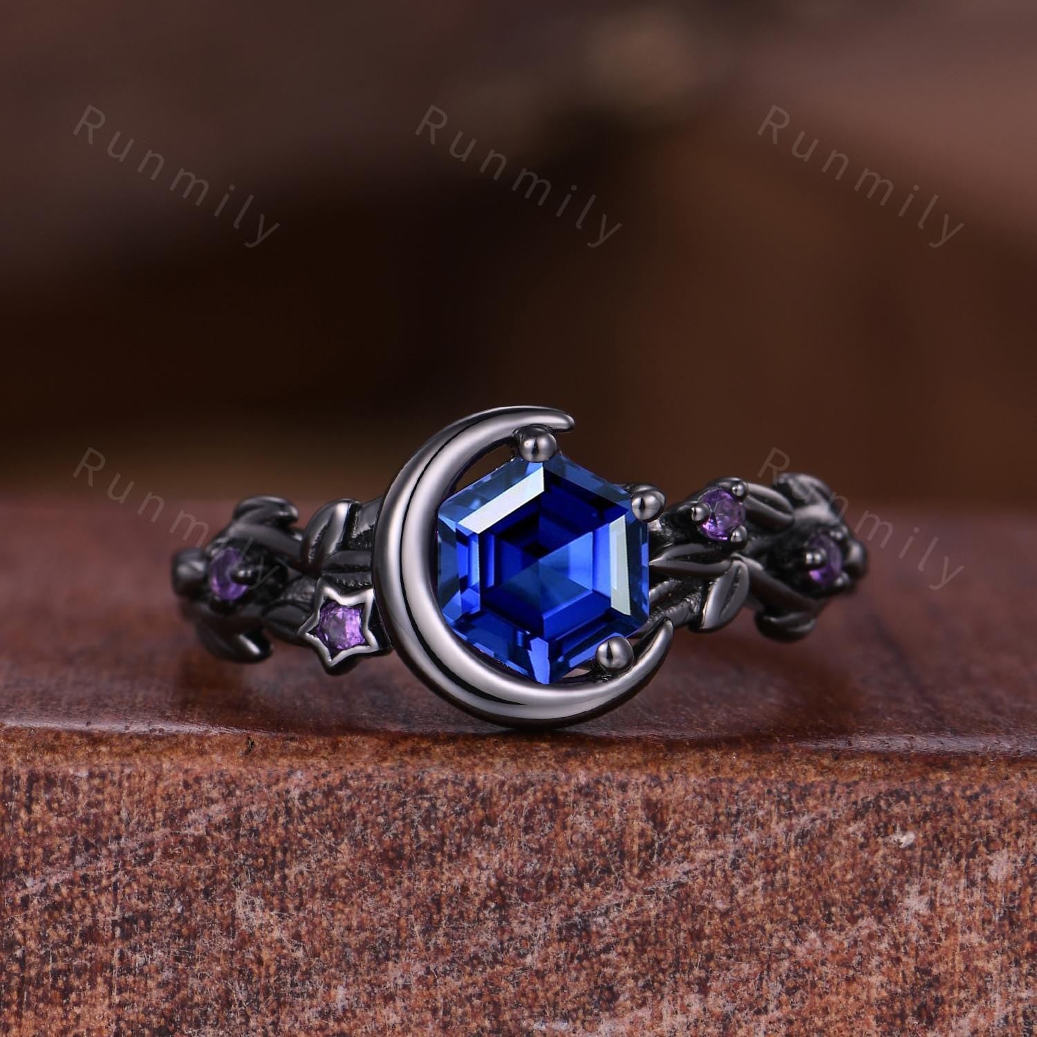 Starry Night Couples Ring Set, Orion Nebula Ring, Crescent Moon Blue Sapphire Ring, Gothic Black Gold Matching Ring His and Her Wedding Band