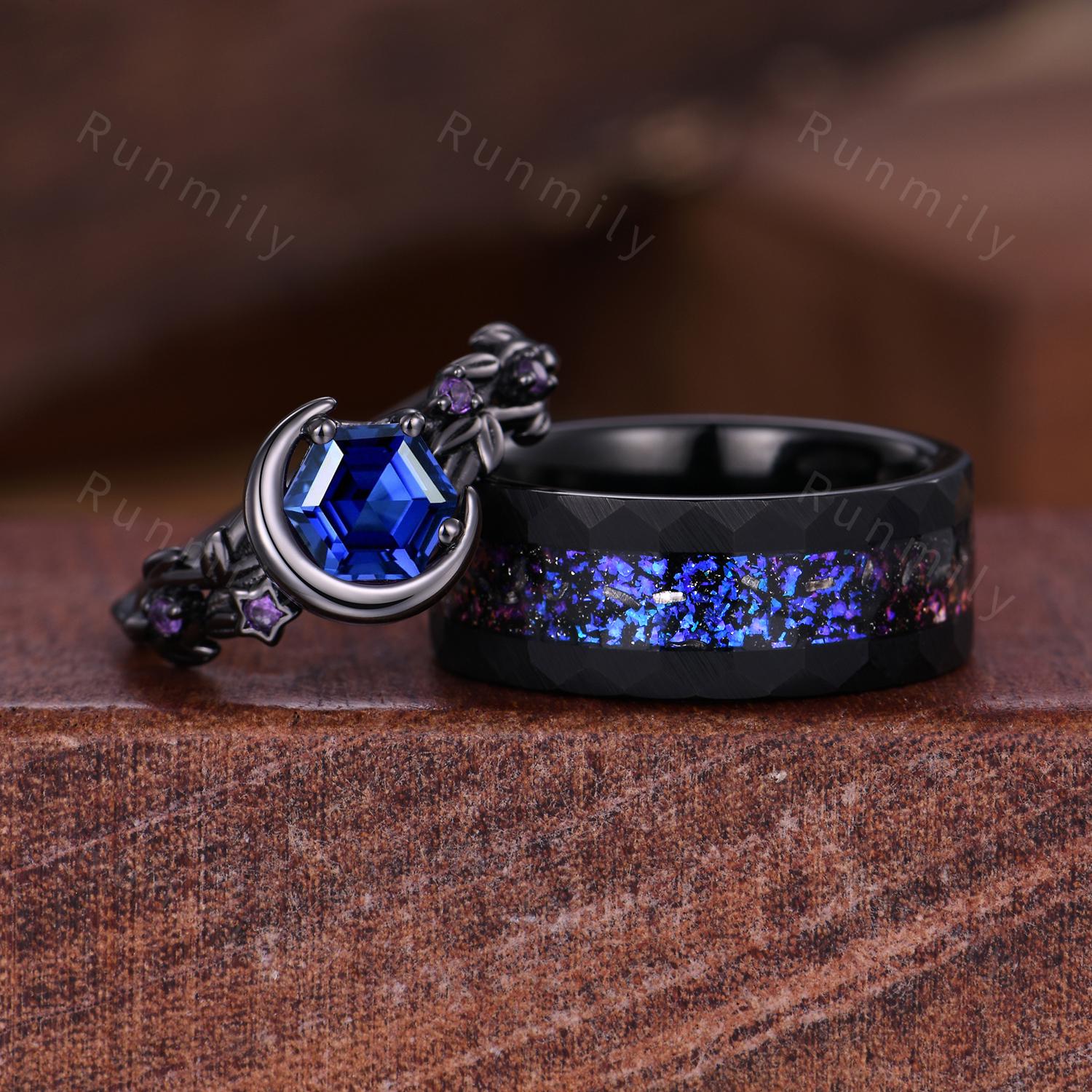 Starry Night Couples Ring Set, Orion Nebula Ring, Crescent Moon Blue Sapphire Ring, Gothic Black Gold Matching Ring His and Her Wedding Band