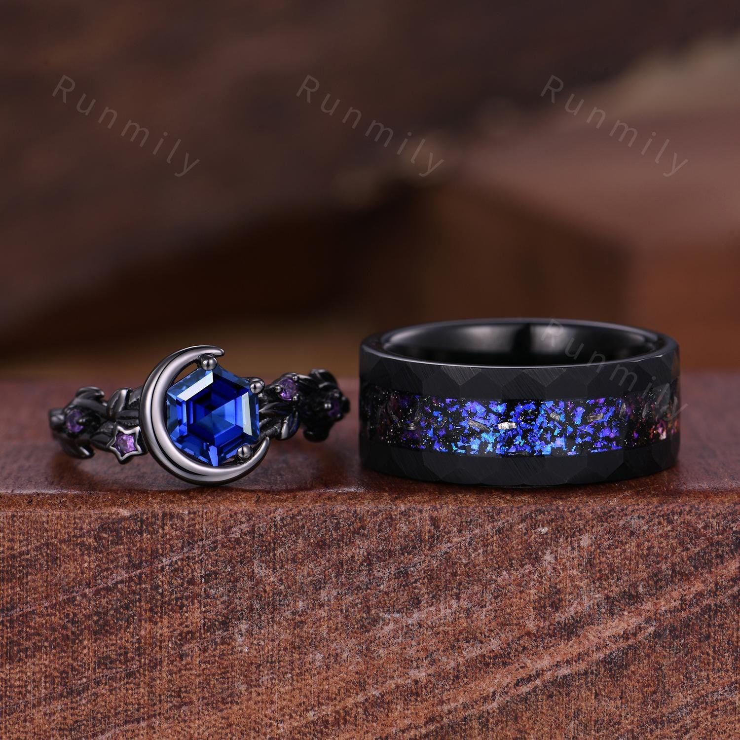 Starry Night Couples Ring Set, Orion Nebula Ring, Crescent Moon Blue Sapphire Ring, Gothic Black Gold Matching Ring His and Her Wedding Band