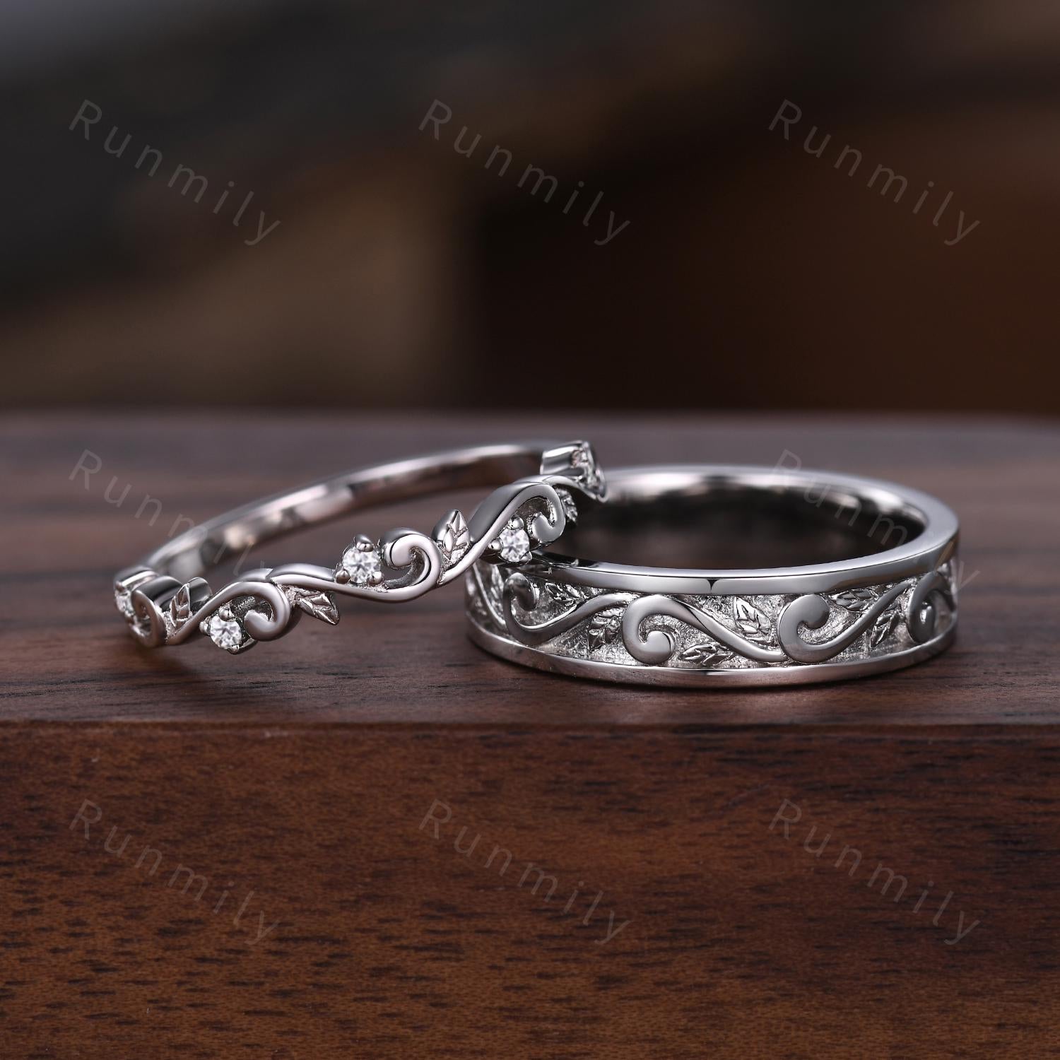 2pcs Couple Rings Set Inspired Leaf Moissanite Engagement Ring For Women Vintage Leaf Wedding Band For Men Unique Wedding Anniversary Rings