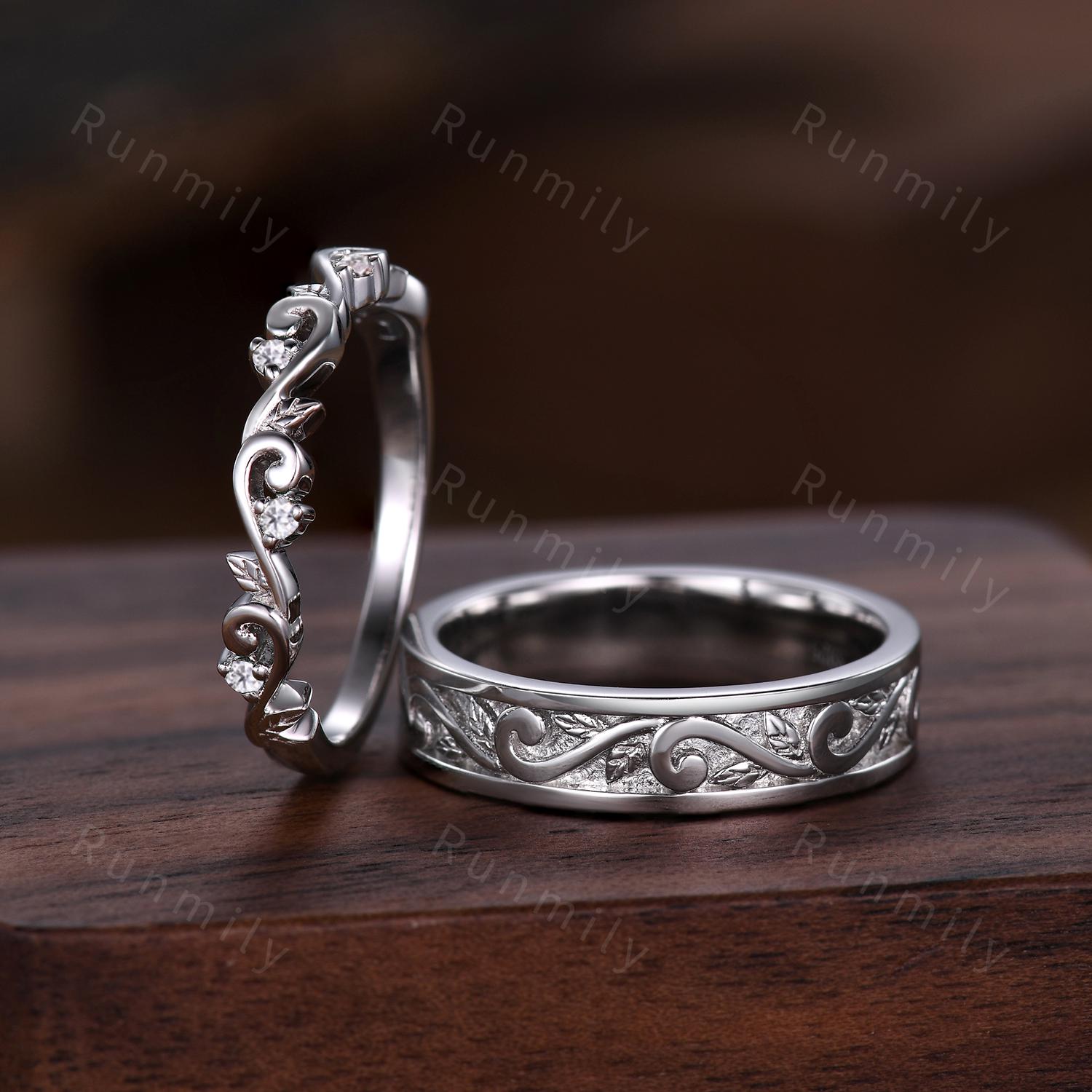 2pcs Couple Rings Set Inspired Leaf Moissanite Engagement Ring For Women Vintage Leaf Wedding Band For Men Unique Wedding Anniversary Rings