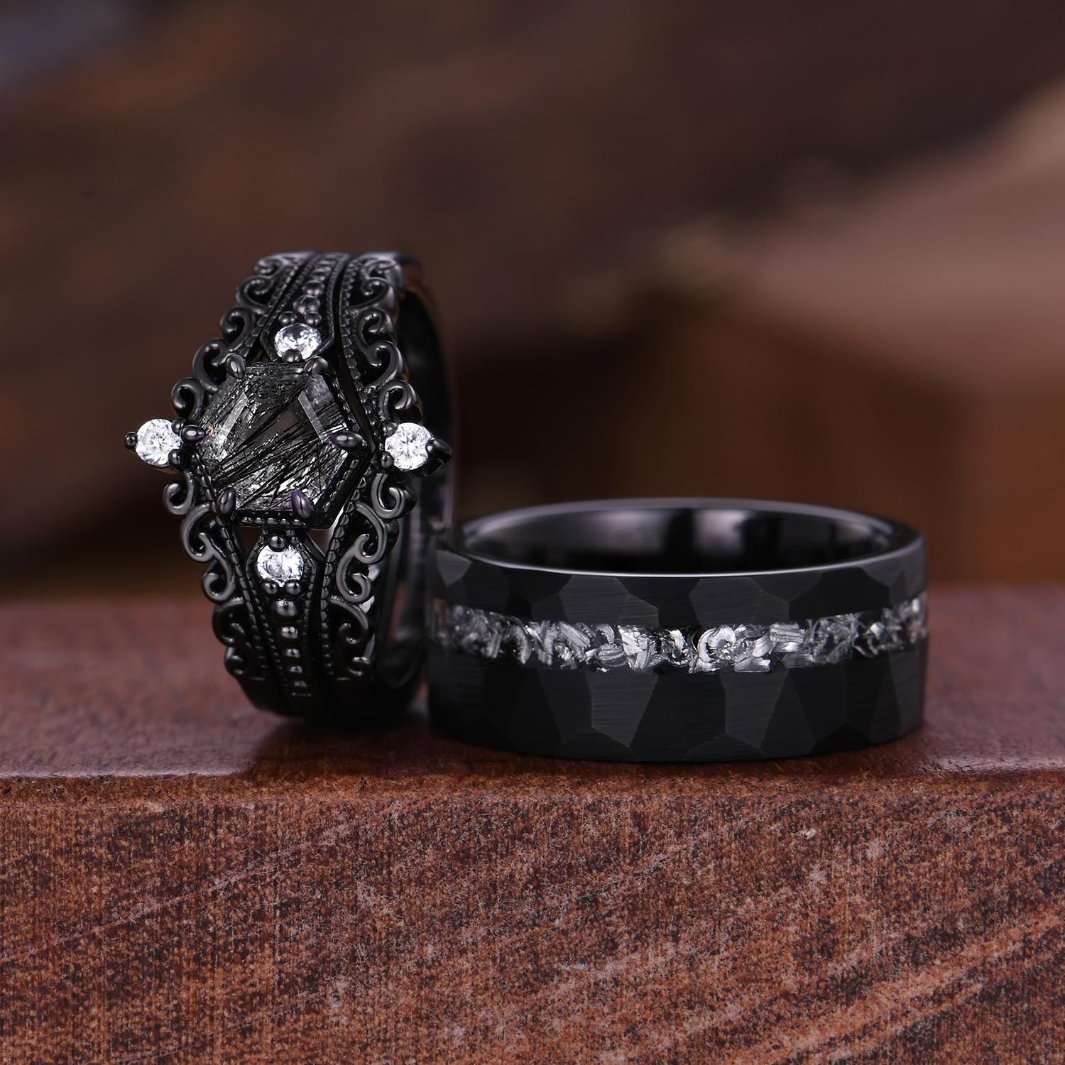 Gothic Hexagon Black Quartz Couple Ring Set Unique Black Rings His and Hers Wedding Band Mens Meteorite Tungsten Ring Couples Promise Rings