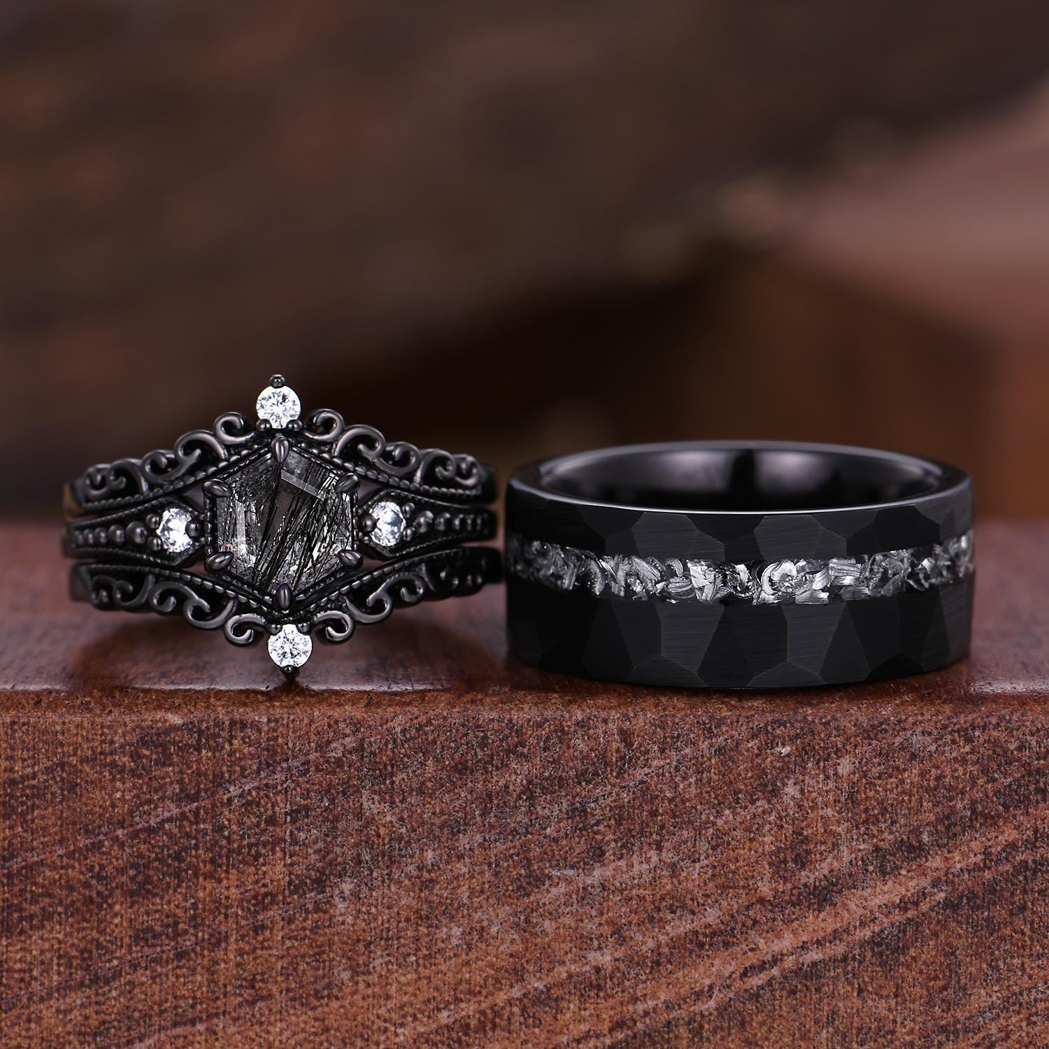 Gothic Hexagon Black Quartz Couple Ring Set Unique Black Rings His and Hers Wedding Band Mens Meteorite Tungsten Ring Couples Promise Rings
