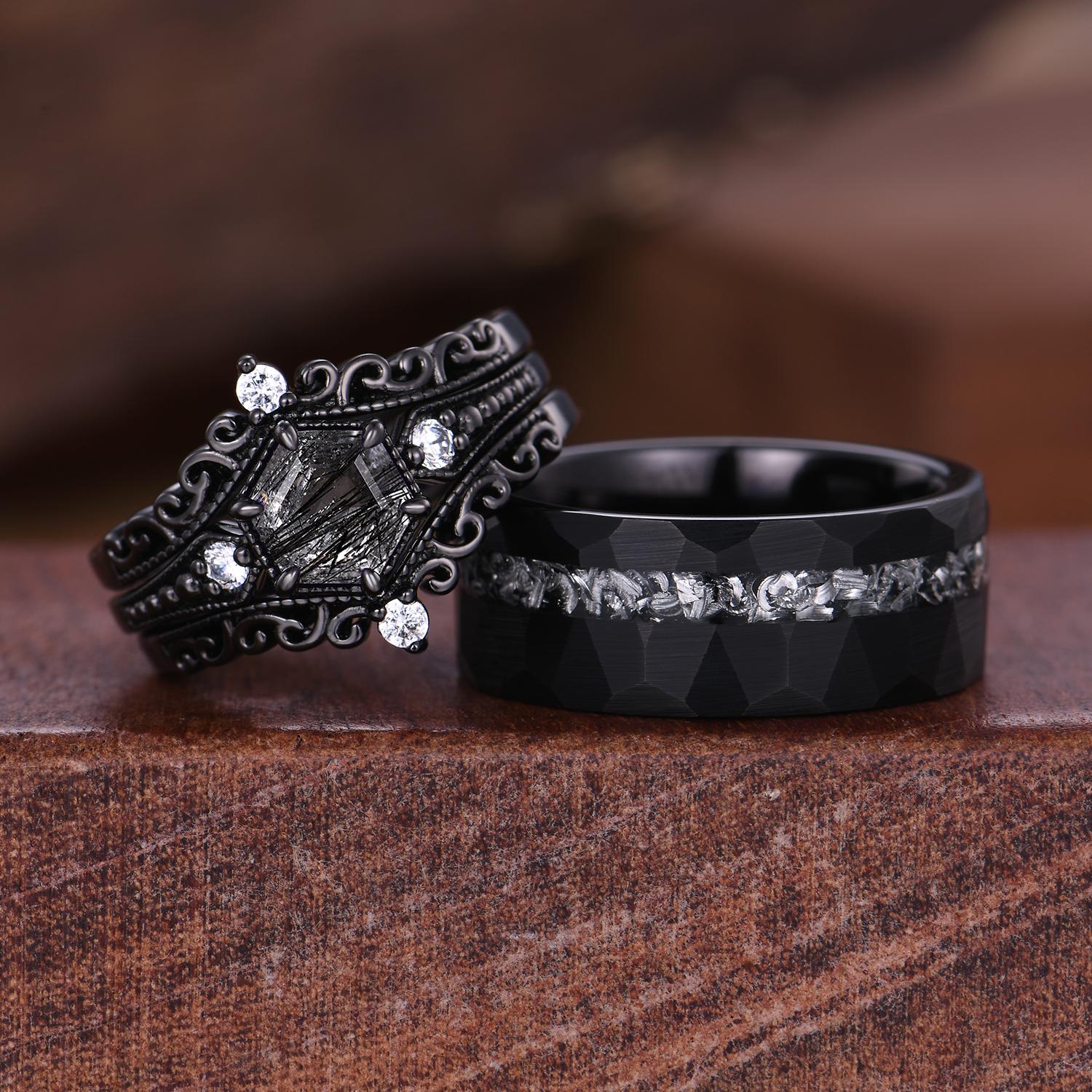 Gothic Hexagon Black Quartz Couple Ring Set Unique Black Rings His and Hers Wedding Band Mens Meteorite Tungsten Ring Couples Promise Rings