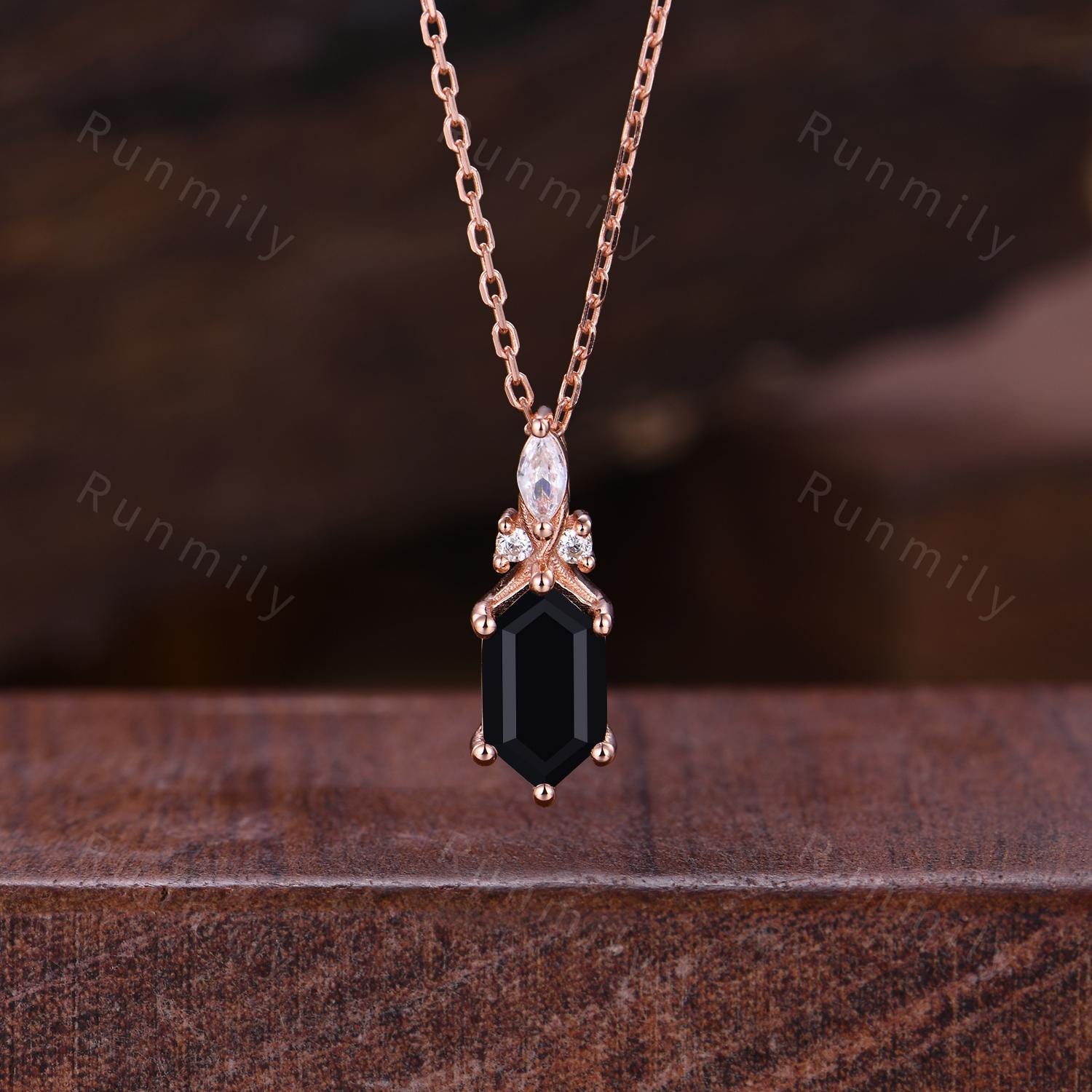 Black Onyx Hexagon Cut Necklace - Rose Gold Retro Necklace, Pave Onyx Charm Piece, Black Gemstone Jewelry, Bridal Jewelry, Anniversary Gift