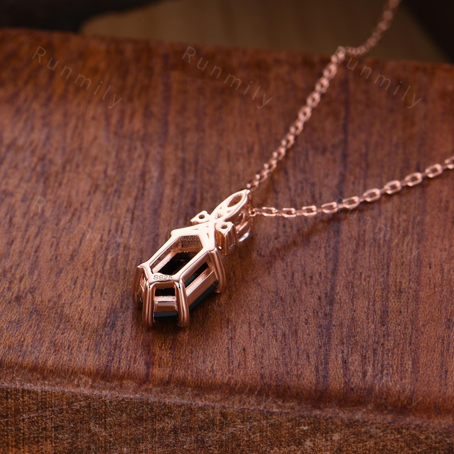 Black Onyx Hexagon Cut Necklace - Rose Gold Retro Necklace, Pave Onyx Charm Piece, Black Gemstone Jewelry, Bridal Jewelry, Anniversary Gift