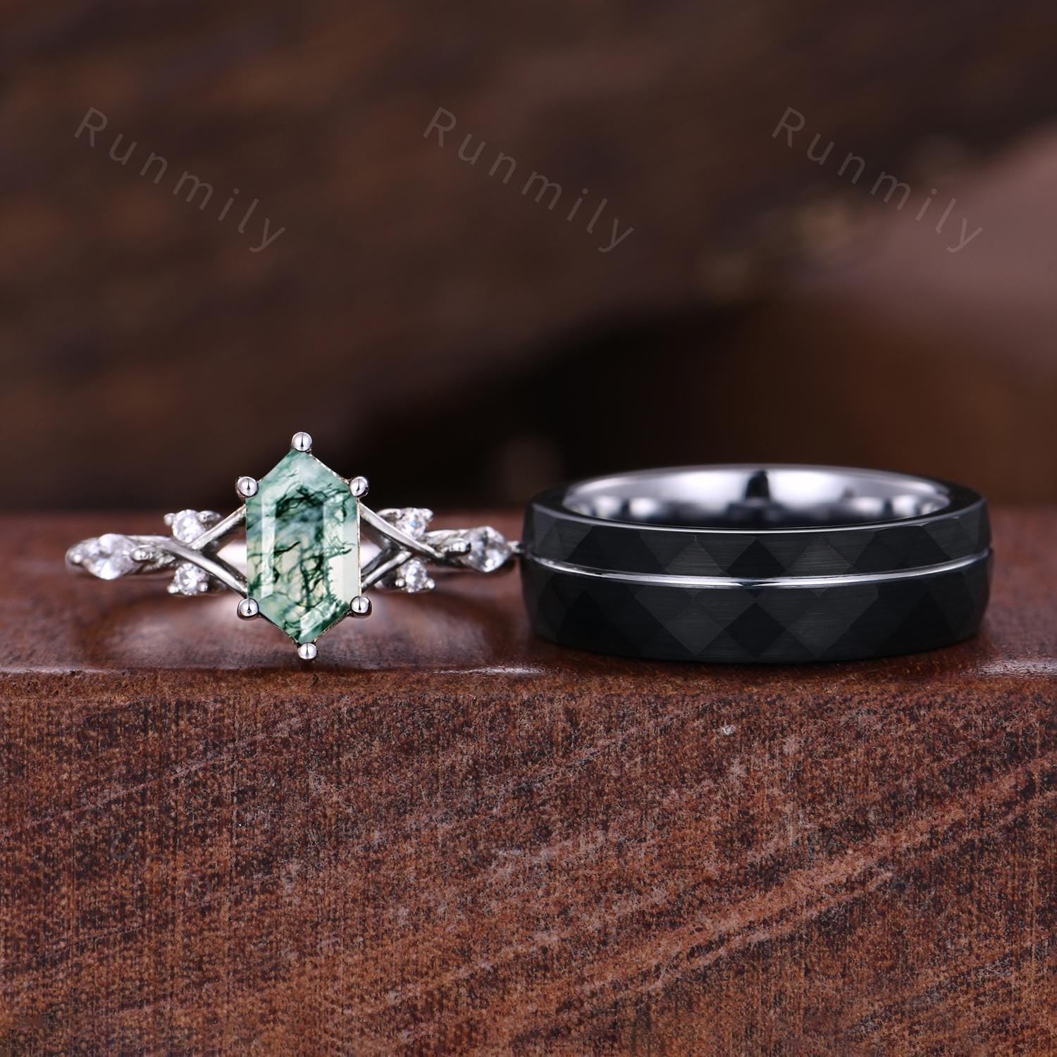 Vintage Moss Agate Couples Ring White Gold Matching Ring Set His And Her Wedding Band Promise Rings For Men For Women Natural Moss Agate
