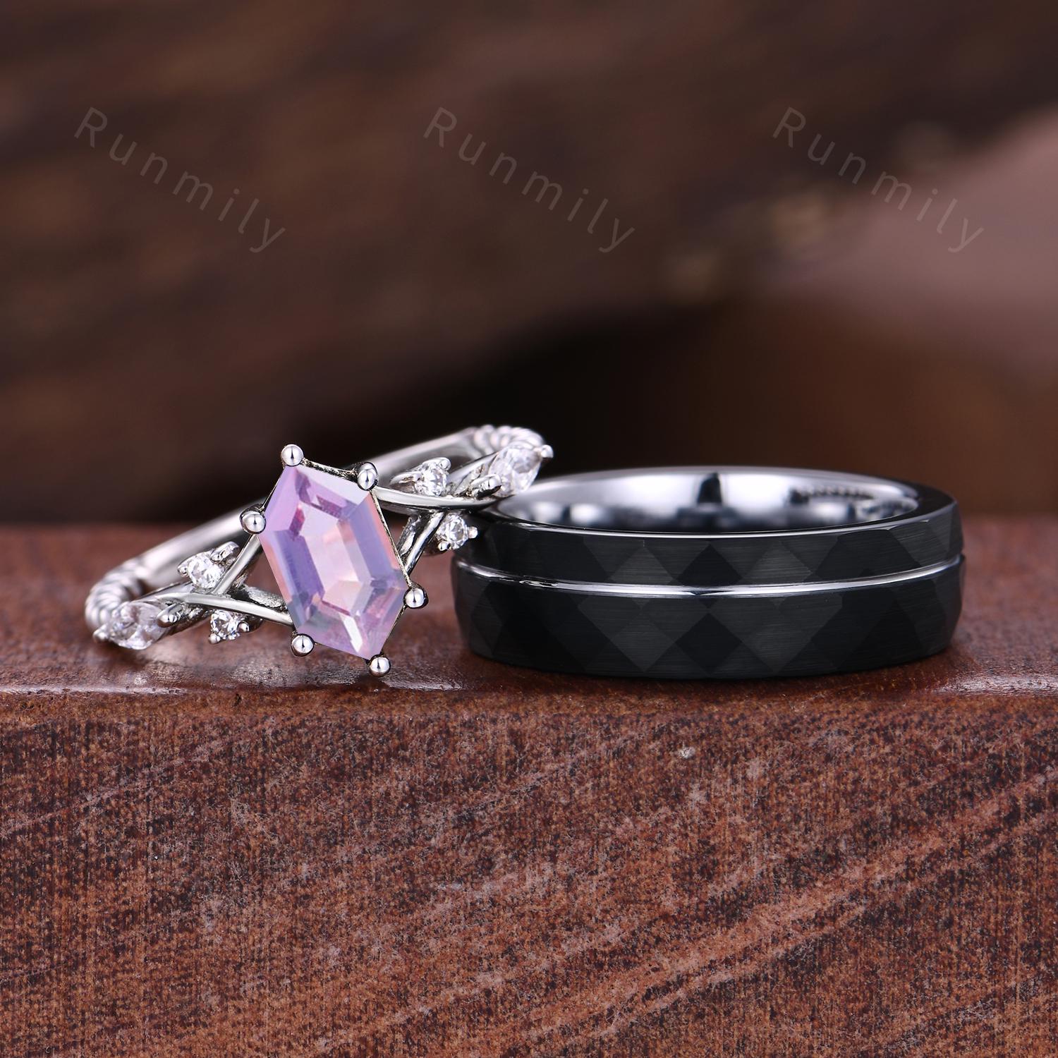 Vintage Lavender Amethyst Couples Ring White Gold Matching Ring Set His And Hers Wedding Band Promise Rings For Men For Women Purple Ring
