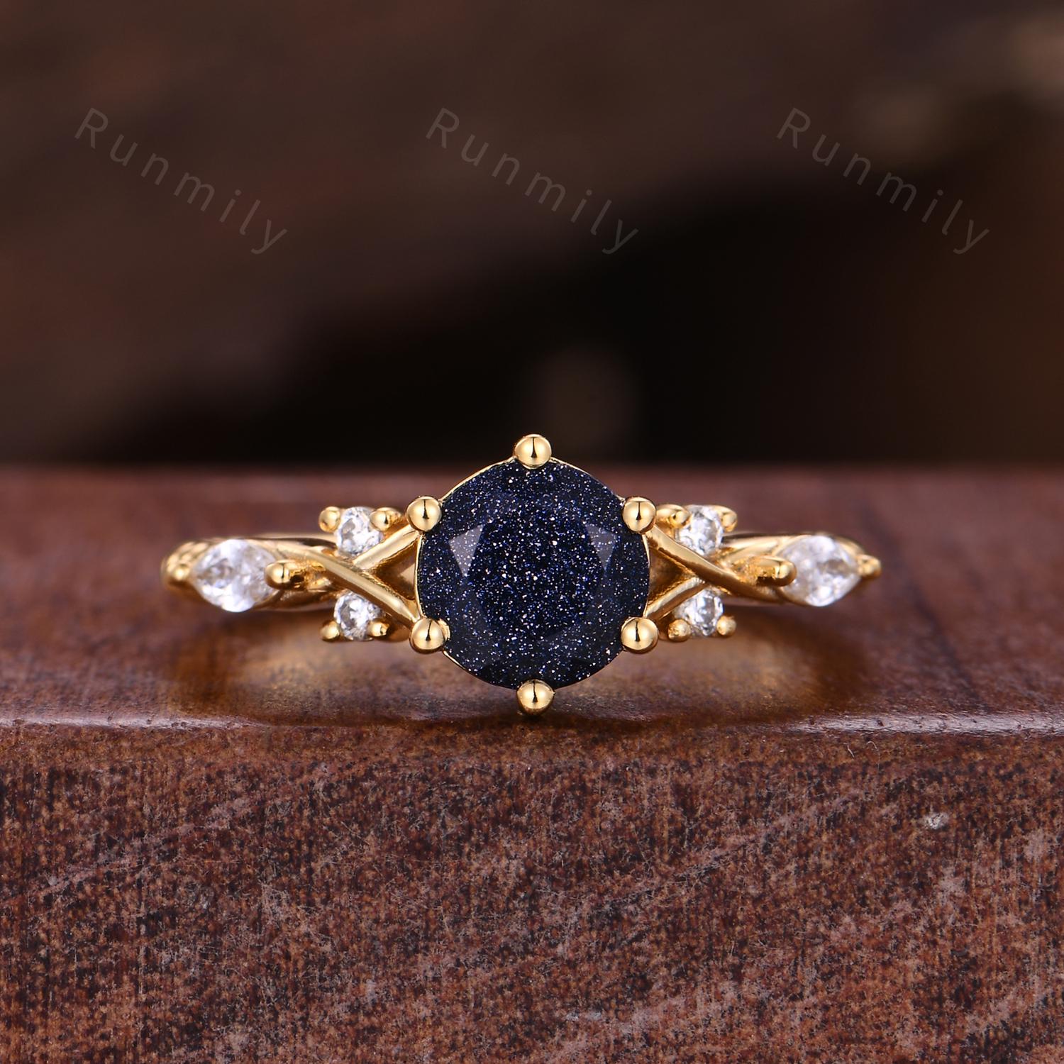 Orion Nebula Ring Set, Matching Promise Rings for Couples, Blue Sandstone Rings Engagement Ring Anniversary Gift, Yellow Gold Rings